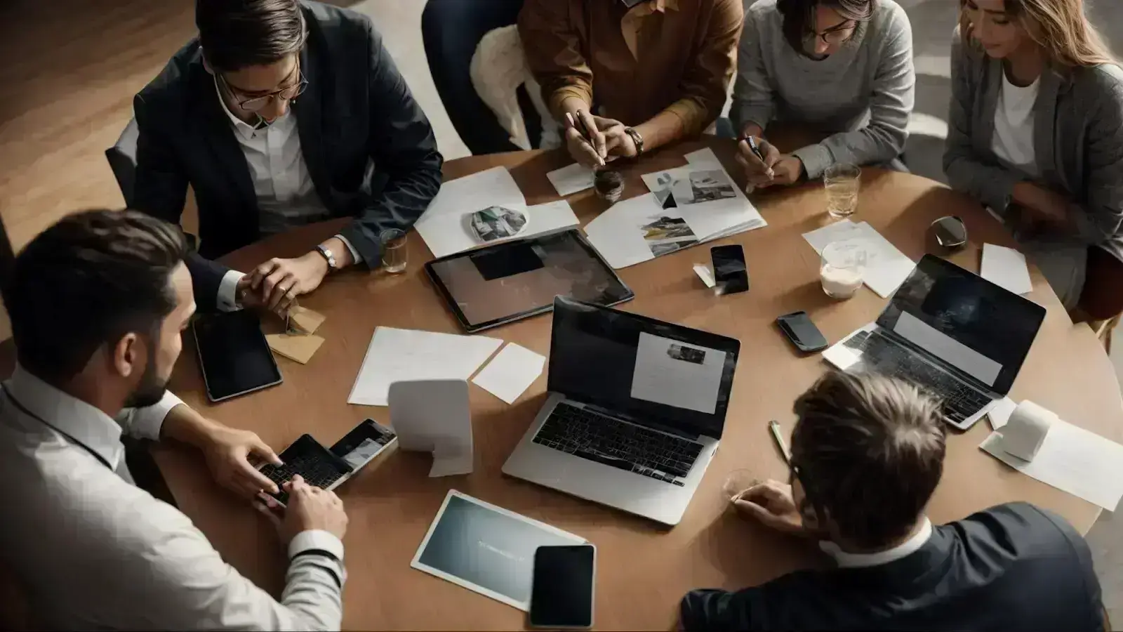 two teams gathered around a table, actively engaged in a collaborative discussion with digital devices and marketing materials spread before them.
