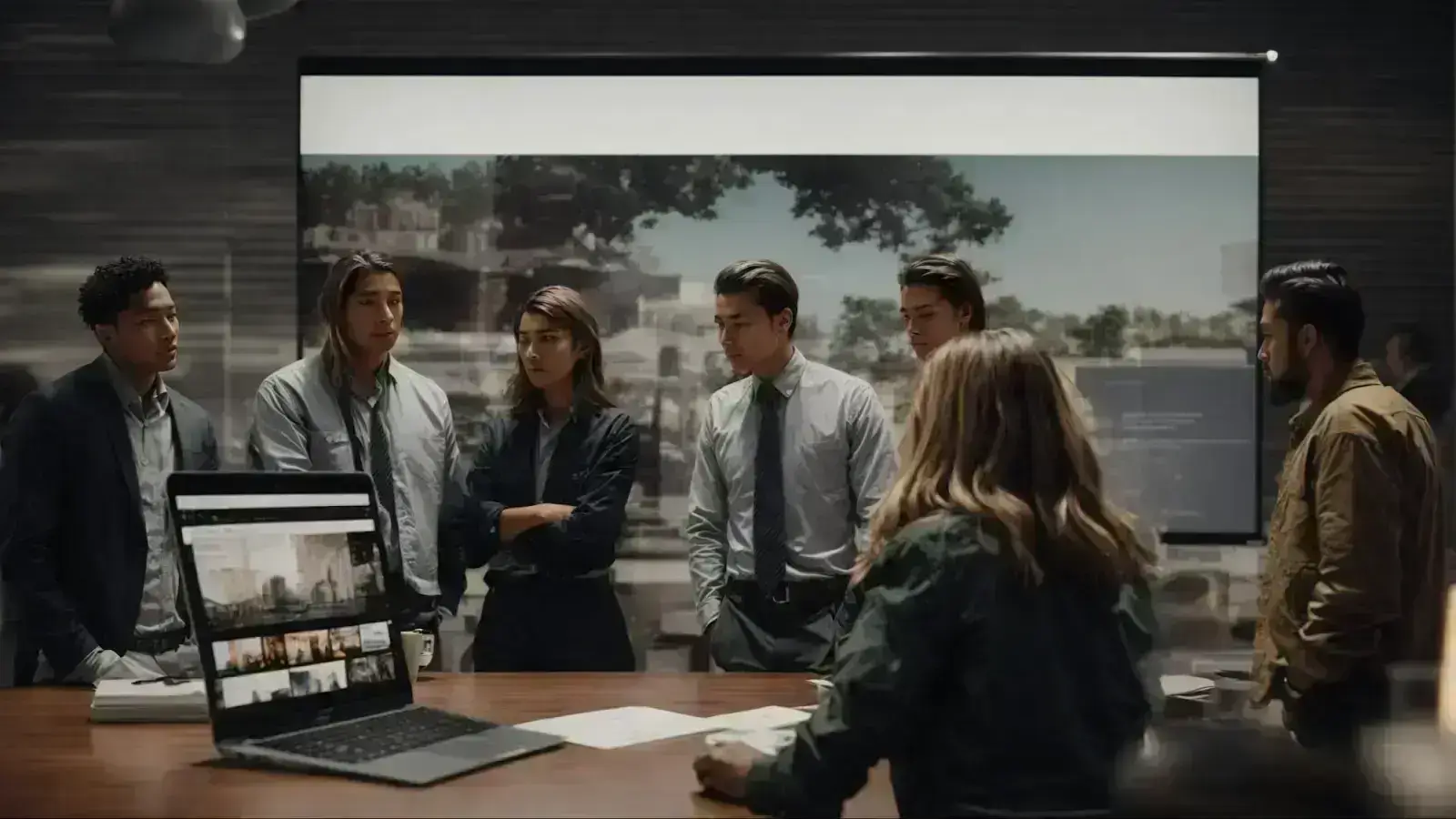 a team gathered around a table, intently discussing over a website layout and content plans displayed on a large screen.