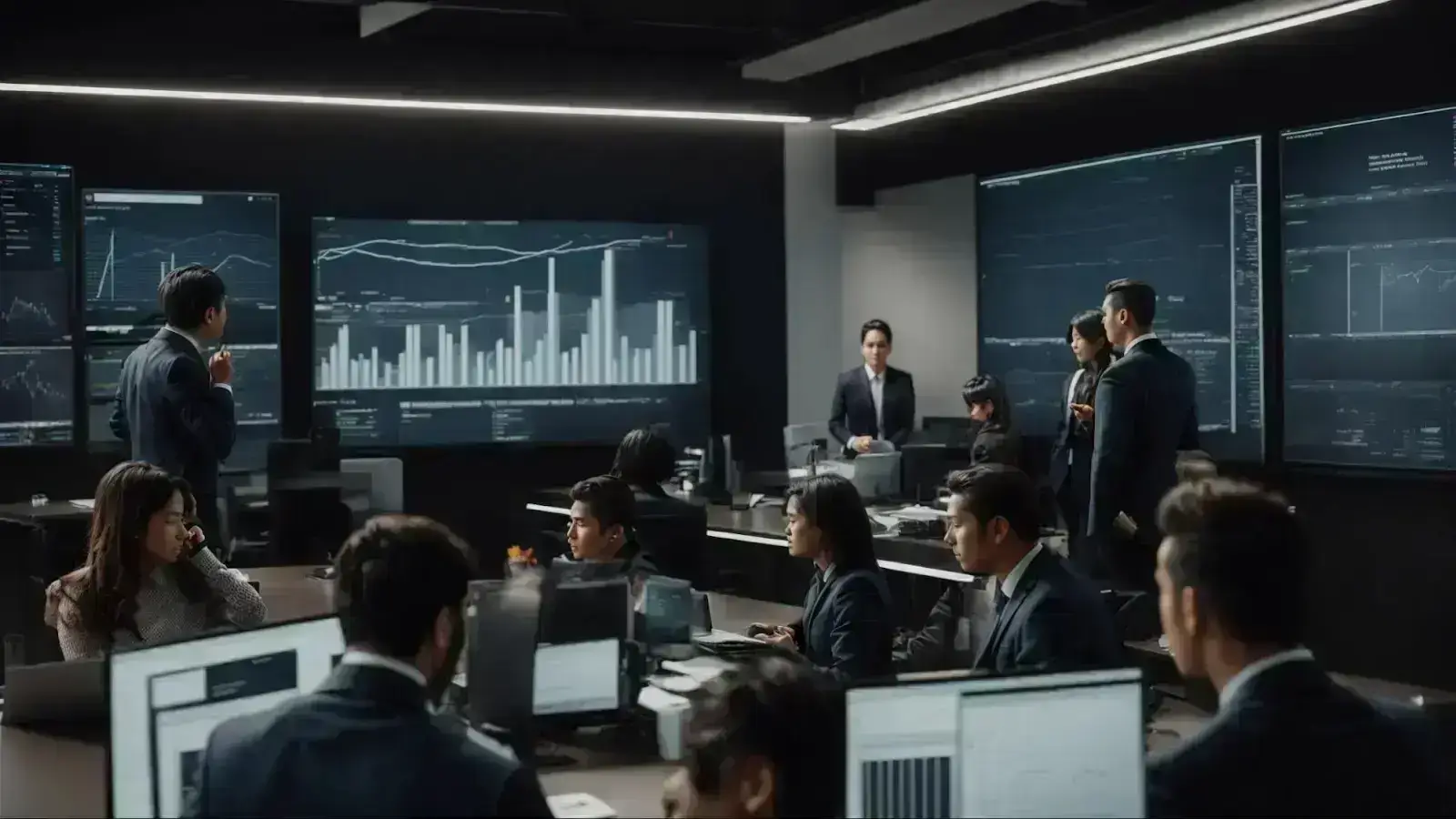 a team meeting in a modern office with large screens displaying graphs and social media analytics.
