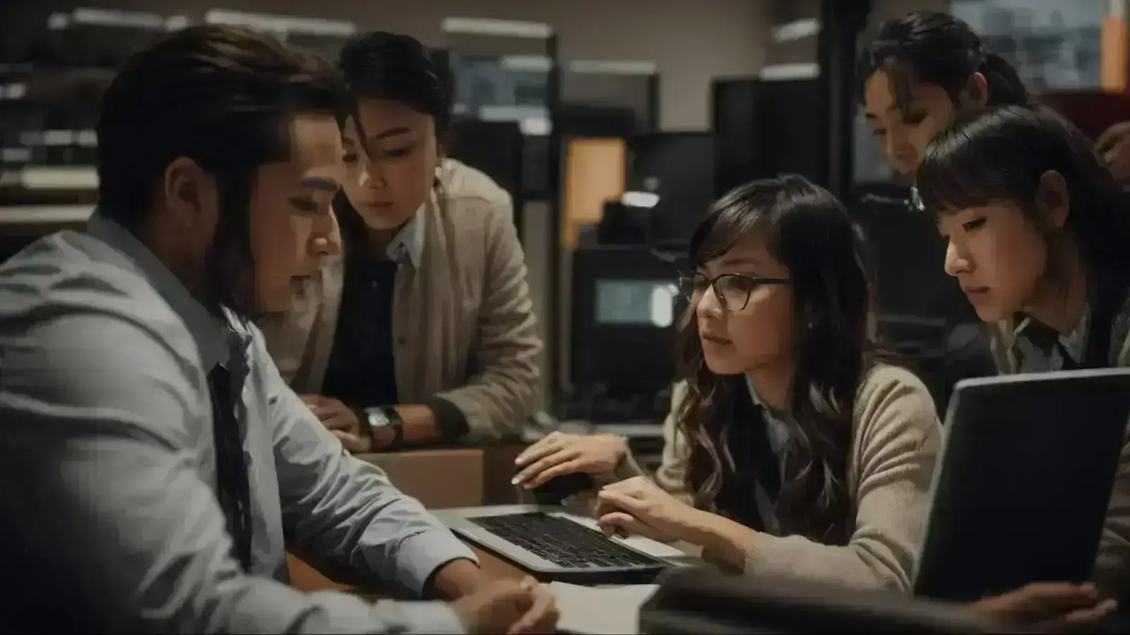 a team intensely collaborates over a computer, strategizing webpage optimization.