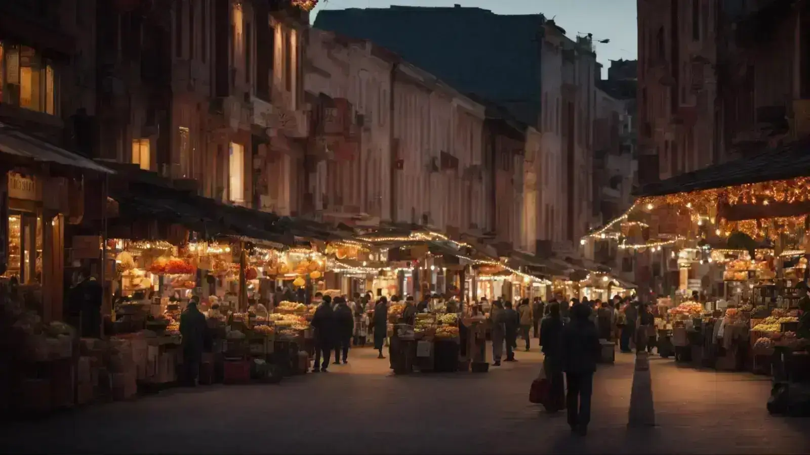 a bustling market street brimming with local shops under the glow of warm evening lights.