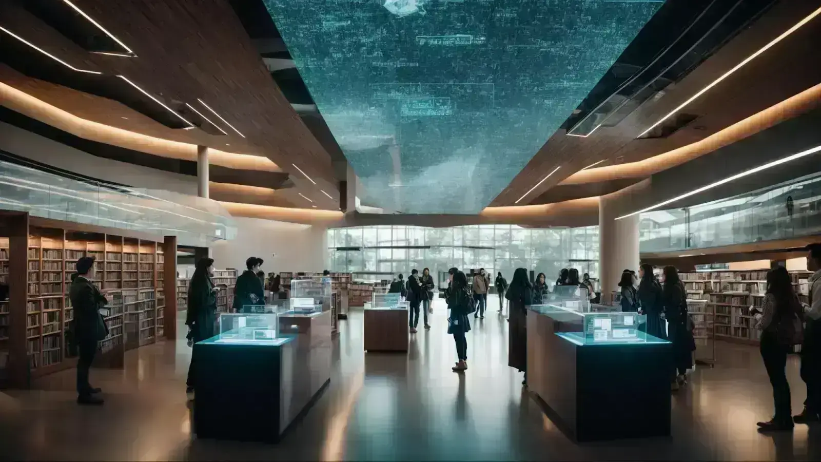 a futuristic library with visitors interacting with holographic displays showing data analytics and trend graphs.