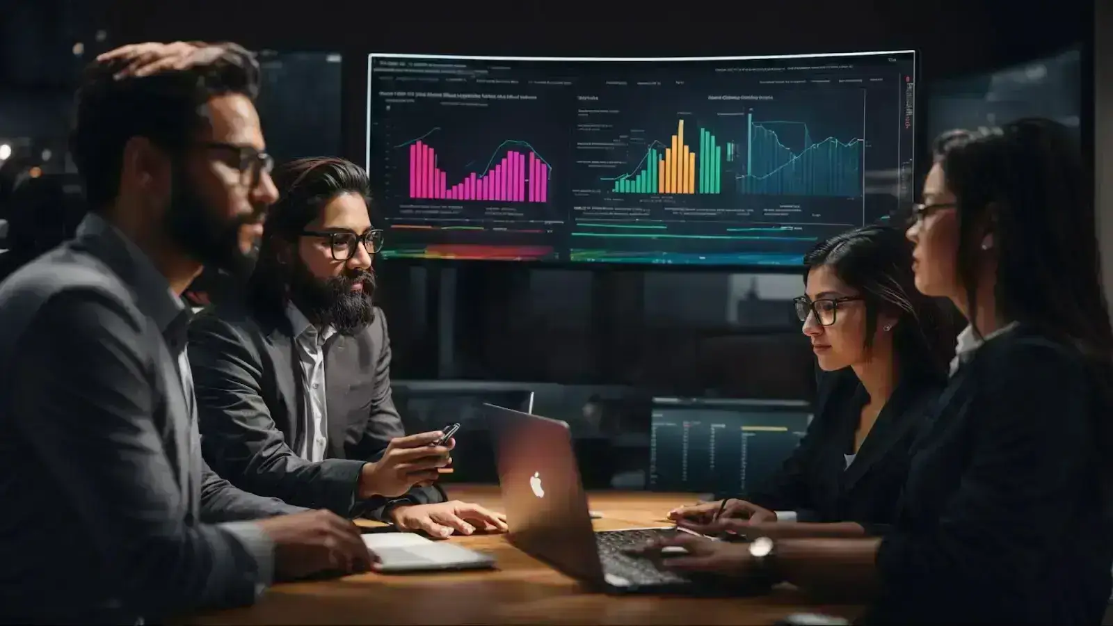 a team of professionals gathered around a computer monitor displaying colorful graphs and analytics data, celebrating a successful search engine optimization strategy for their client.