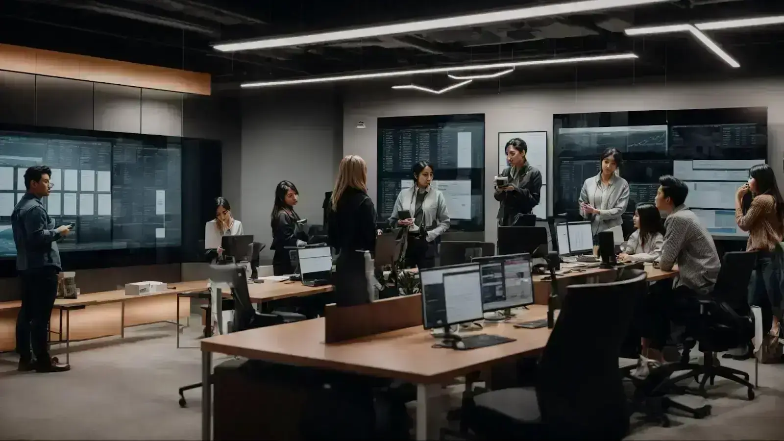 an engaging brainstorming session within a modern marketing agency office, surrounded by screens displaying data analytics and content strategies.