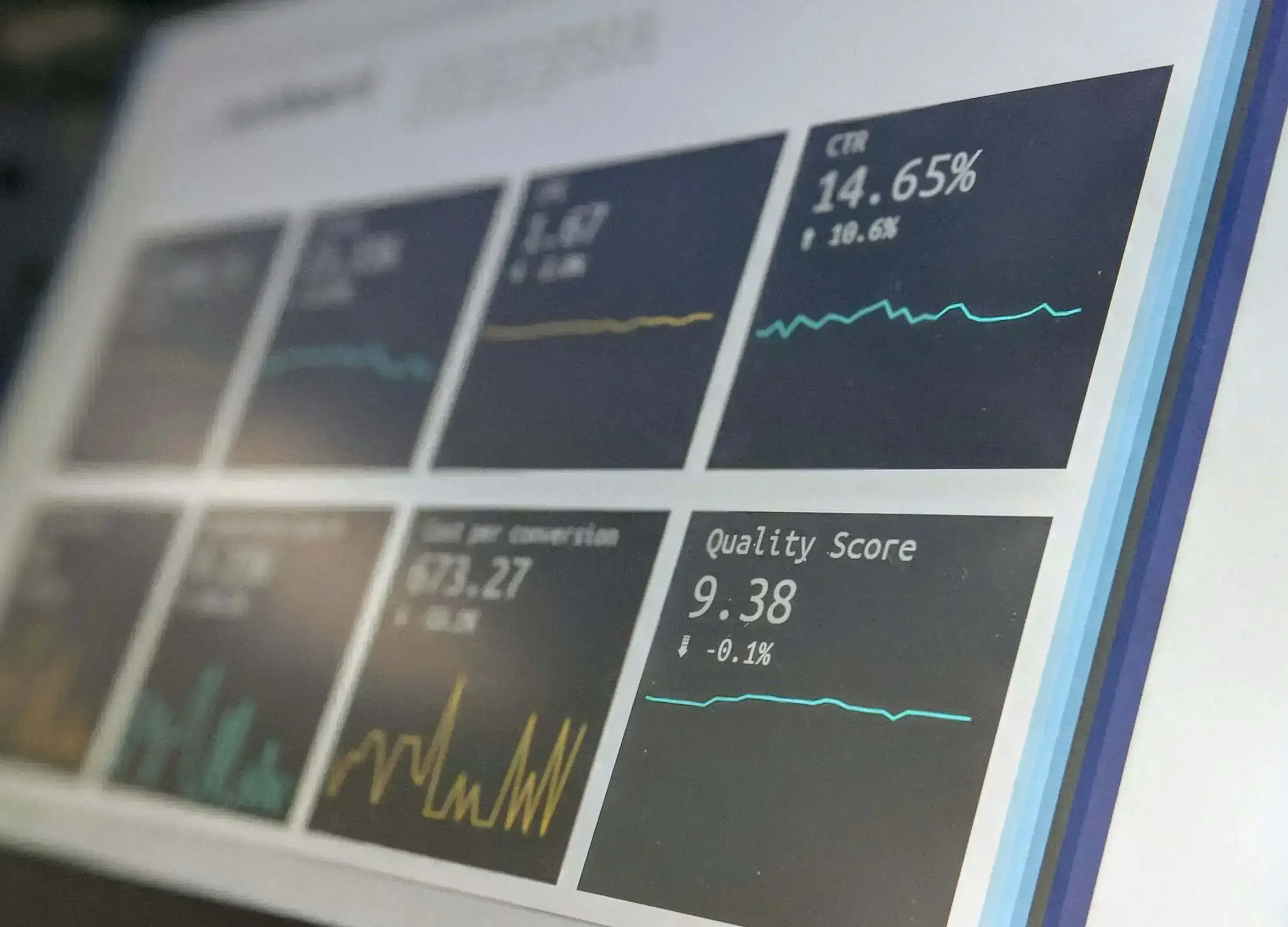 A close-up of a computer screen displaying various data metrics and line graphs, enhanced by predictive analytics.