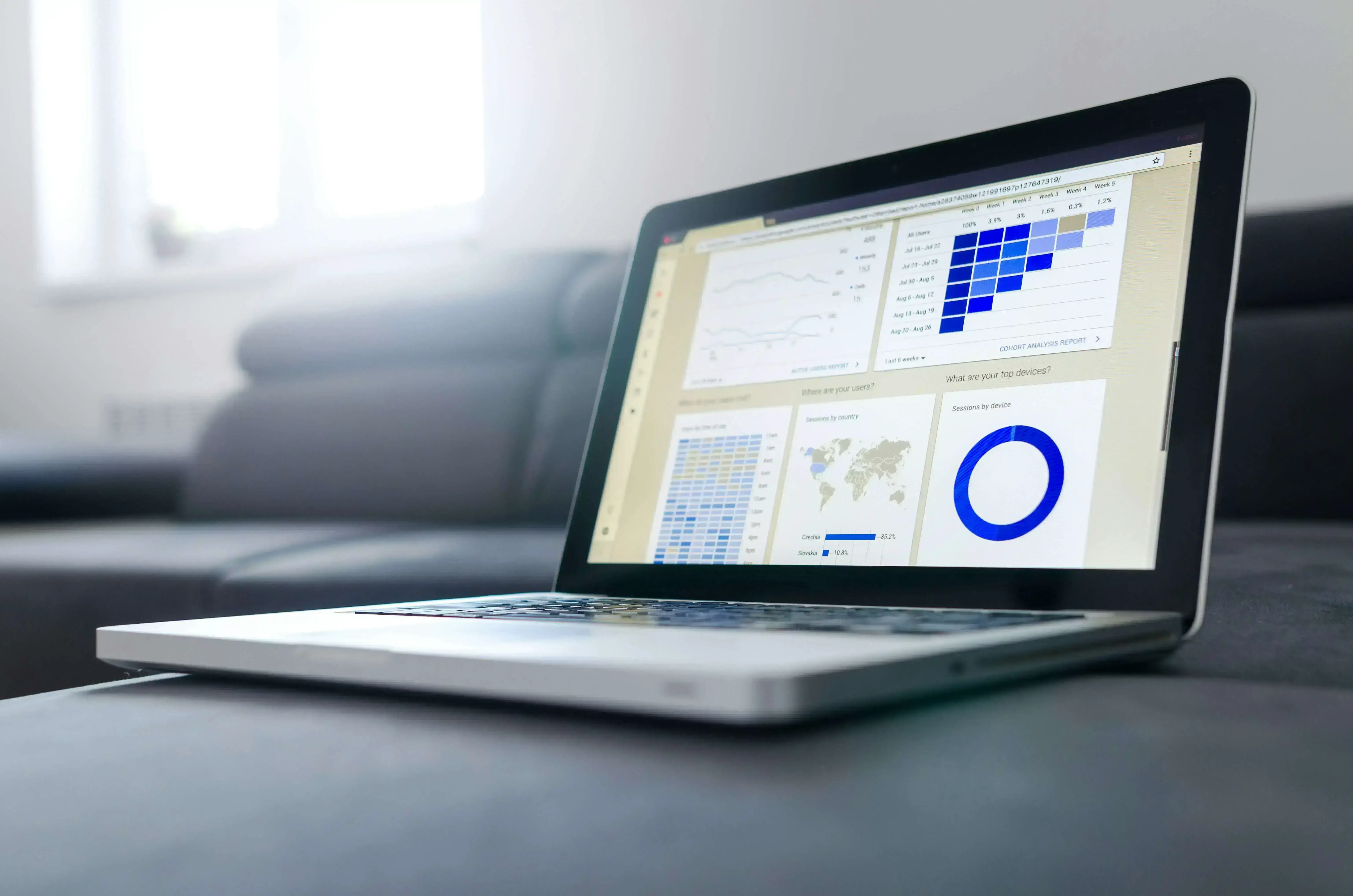 A laptop displaying various charts and graphs on its screen, including a line graph, a heatmap, a world map, and a circular pie chart.