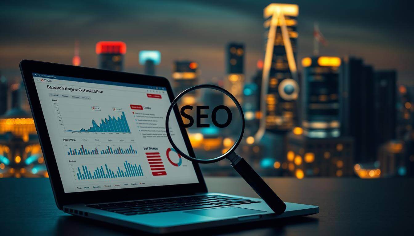 A striking photograph of a search engine optimization concept. In the foreground, a laptop displaying a detailed graph and infographic showcasing key SEO metrics and strategies. Centered in the middle ground, a magnifying glass symbolizing the importance of research and analysis in SEO. In the background, a city skyline with glowing digital interfaces, representing the online landscape where SEO efforts take place. The scene is illuminated by warm, directional lighting, creating depth and emphasizing the technological nature of the subject. The overall mood is one of focus, exploration, and the pursuit of digital visibility.