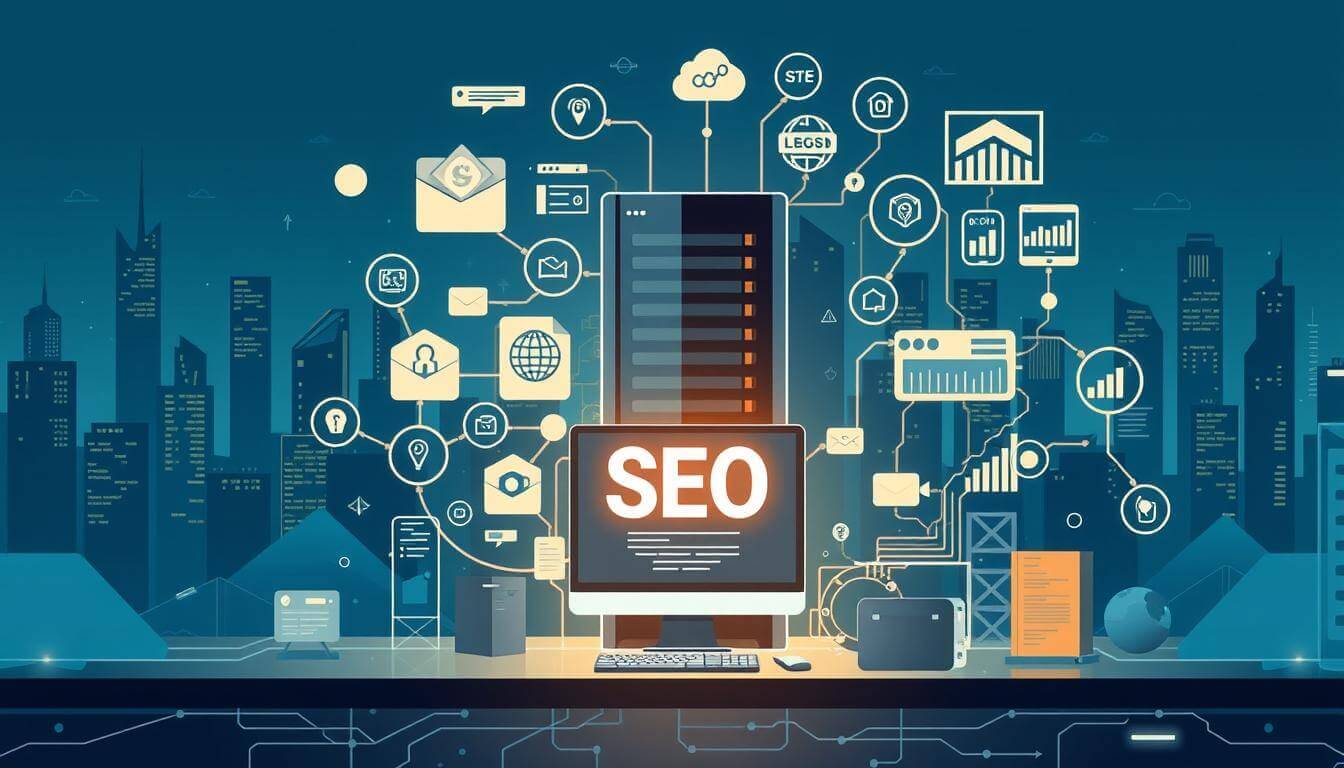 A highly detailed and technical illustration of &amp;quot;technical SEO&amp;quot; with a focus on the key components and tools involved. The image should depict a digital landscape with a central server or computer workstation in the foreground, surrounded by various icons, graphs, and data visualizations representing technical SEO elements such as website architecture, code optimization, meta tags, site speed, mobile-friendliness, and crawling/indexing. The background should feature a city skyline or technology-inspired environment, bathed in a cool, blue-tinted lighting to convey a sense of sophistication and complexity. The overall mood should be one of precision, professionalism, and the importance of technical aspects in modern search engine optimization.