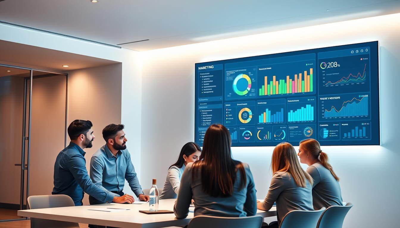 A sleek, modern office interior with a glowing digital dashboard prominently displayed on a large wall-mounted screen. The dashboard showcases various AI-driven marketing automation metrics and insights, with colorful charts, graphs, and data visualizations. In the foreground, a team of marketing professionals huddle around a conference table, engaged in lively discussion as they analyze the dashboard data. Soft, diffused lighting illuminates the scene, creating a sense of focus and productivity. The overall atmosphere conveys the efficiency, optimization, and data-driven decision-making that AI-powered marketing automation can provide.