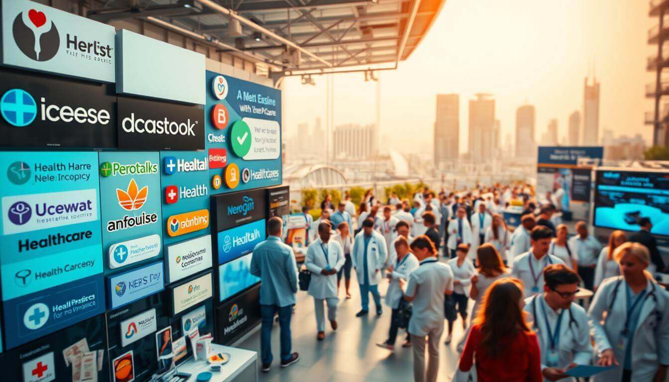 A vibrant and dynamic healthcare marketing landscape, captured through a wide-angle lens. In the foreground, various healthcare brands and services compete for attention, their logos and branding prominently displayed. The middle ground features a bustling array of medical professionals, patients, and healthcare stakeholders, all interacting and engaging with the different offerings. The background is a softly-blurred cityscape, hinting at the broader context and the importance of healthcare lead generation in the urban environment. The lighting is warm and inviting, creating a sense of energy and vitality, reflecting the critical nature of this sector and the high-quality leads it seeks to capture.