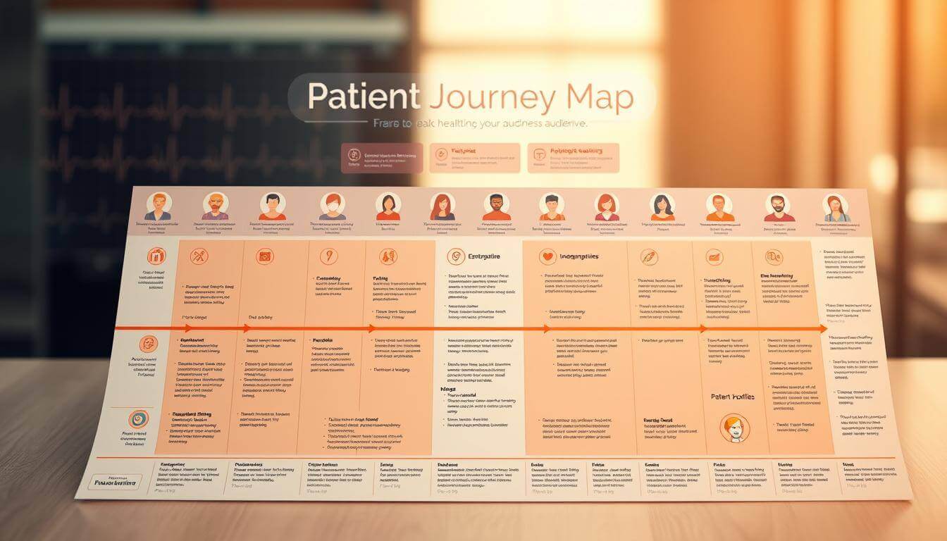 A detailed patient journey map, with a warm and intuitive color palette, depicting the various touchpoints and emotional experiences of a target healthcare audience. The foreground showcases a clean, minimalist visualization of the patient's path, with distinct stages and relevant icons. The middle ground features persona profiles, highlighting key demographics, pain points, and motivations. The background subtly blends medical imagery, such as EKG graphs and stethoscopes, to reinforce the healthcare context. Soft lighting and a depth of field create a contemplative, analytical atmosphere, guiding the viewer's focus towards understanding the target audience's needs and preferences.