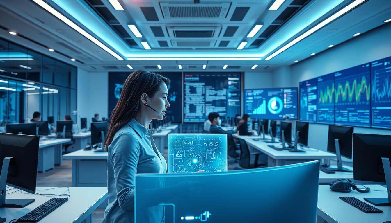 A vibrant, hypermodern office space with sleek, minimalist workstations and cutting-edge AI-driven technology. In the foreground, a customer service representative engages with a customer through a holographic display, their expressions captured by an array of sensors. In the middle ground, automated systems and intelligent algorithms streamline workflows, while in the background, large data visualization screens track key performance metrics. The lighting is cool and futuristic, with highlights on the technology to convey a sense of efficiency and innovation. The overall atmosphere is one of a seamless, AI-powered customer experience that elevates the brand and delights the user.