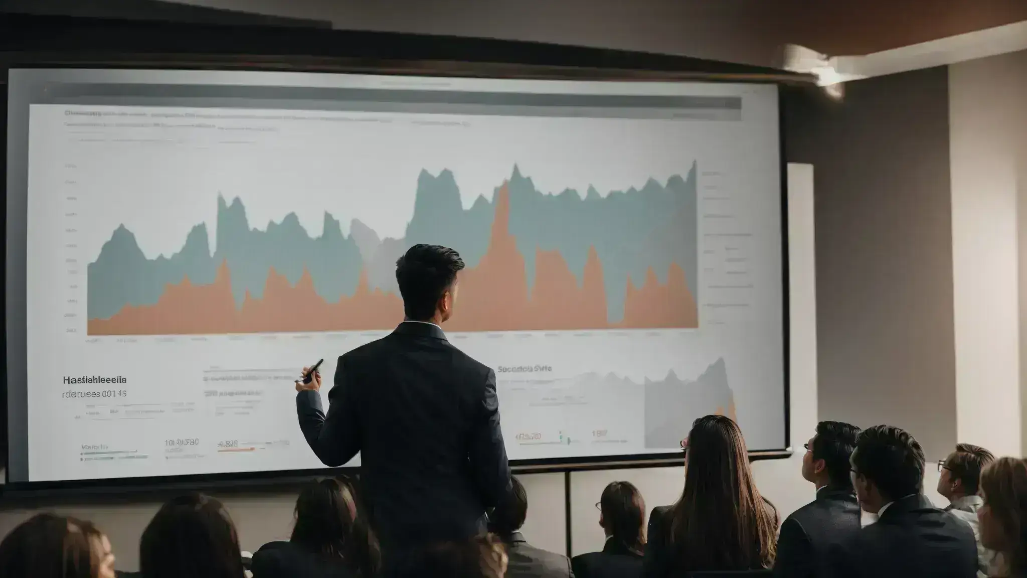 a social media strategist presents a graph showing audience engagement trends during a marketing team meeting.