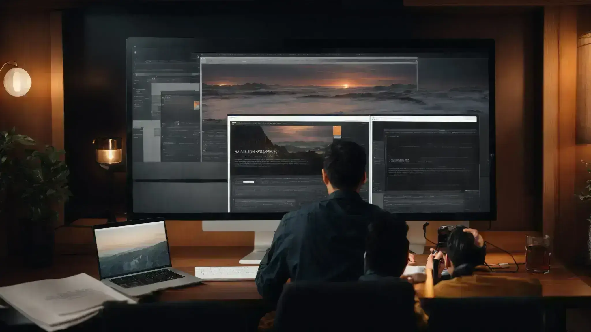 a web designer and seo specialist collaborate over a computer screen displaying a website layout.