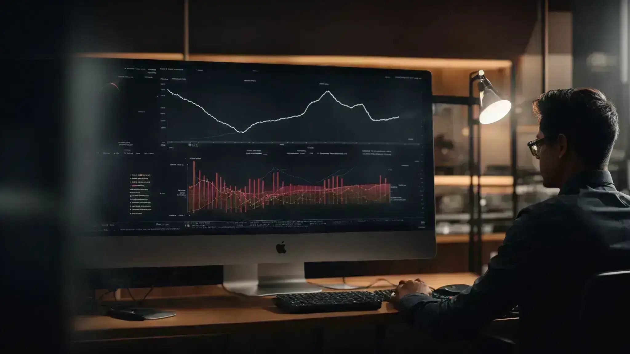 a marketer observes complex graphs on a computer screen, reflecting the interplay of web design and user engagement metrics.