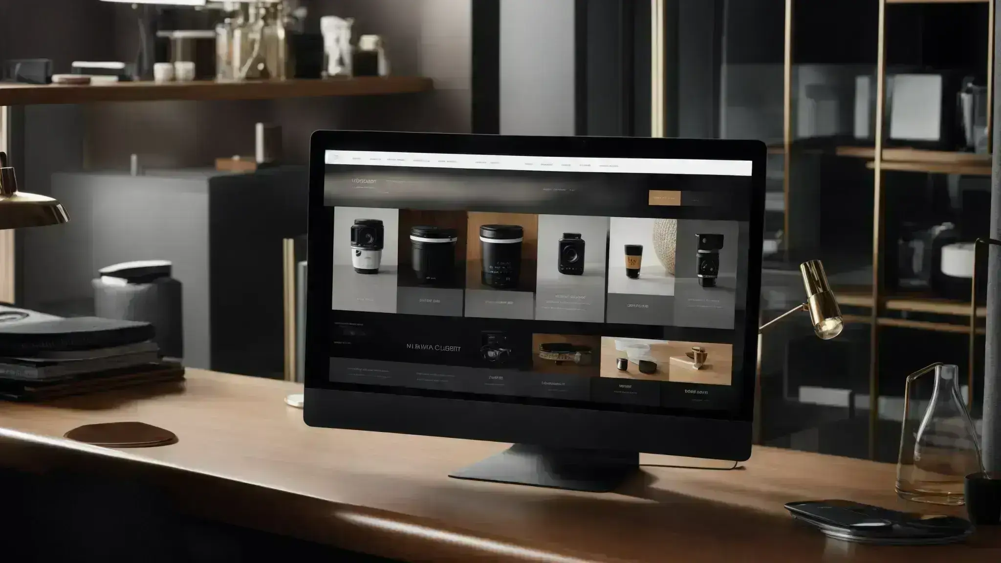 a wide-angle view of a sleek, modern website interface on a desktop screen, showcasing an array of products with smooth navigation cues.