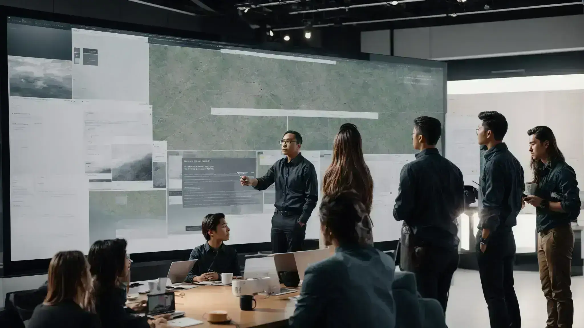 a creative brainstorming session with a team surrounding a large, visible screen displaying a website mockup, indicating a meld of design and strategy.