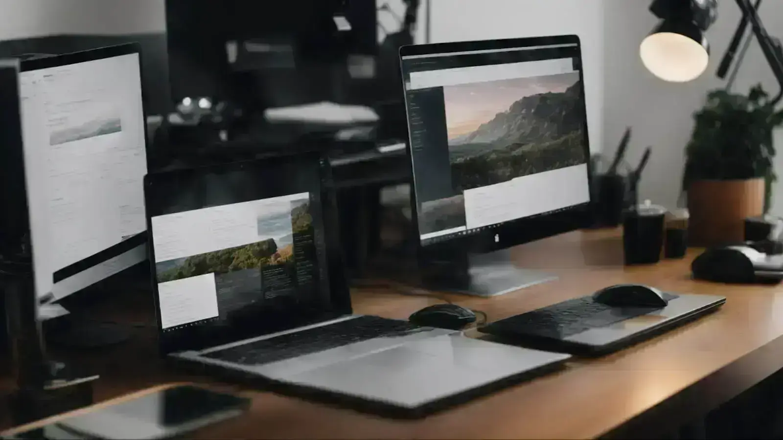 a person sitting at a desk with two computers, each displaying a different website creation platform.