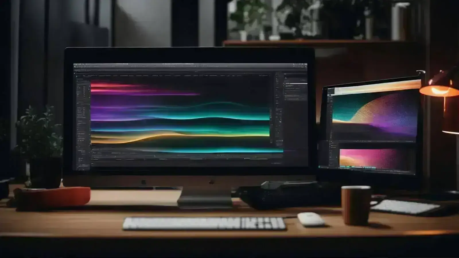 a designer thoughtfully compares two computer screens, one displaying a colorful webflow interface and the other a wordpress dashboard with various theme options.