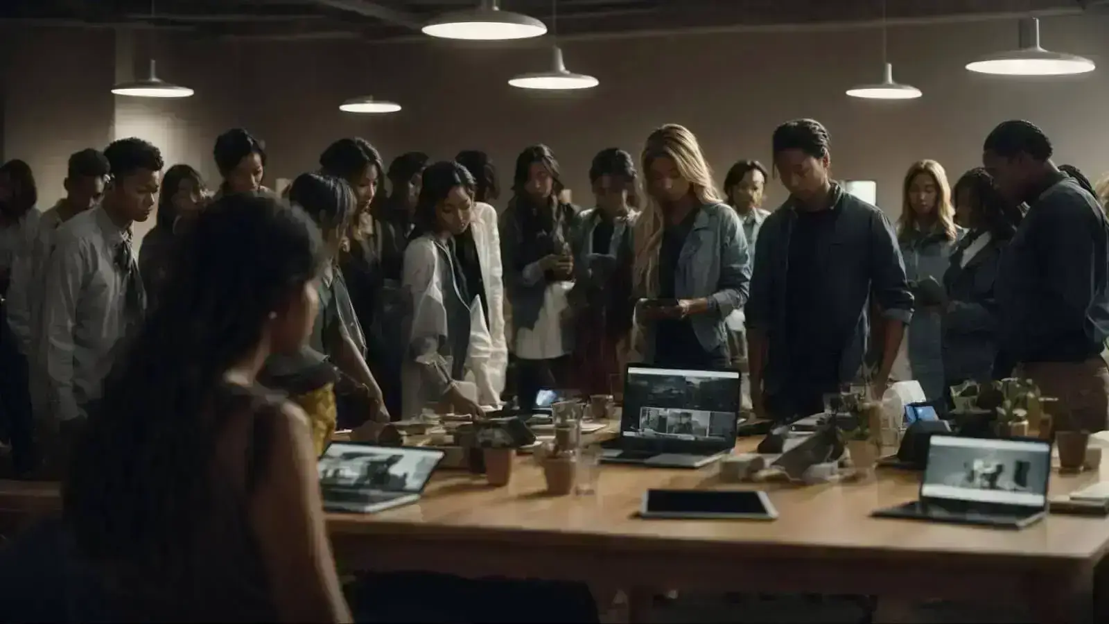 a diverse group of individuals gathered around a large table, filled with various digital devices, actively engaged in a collaborative workshop setting.