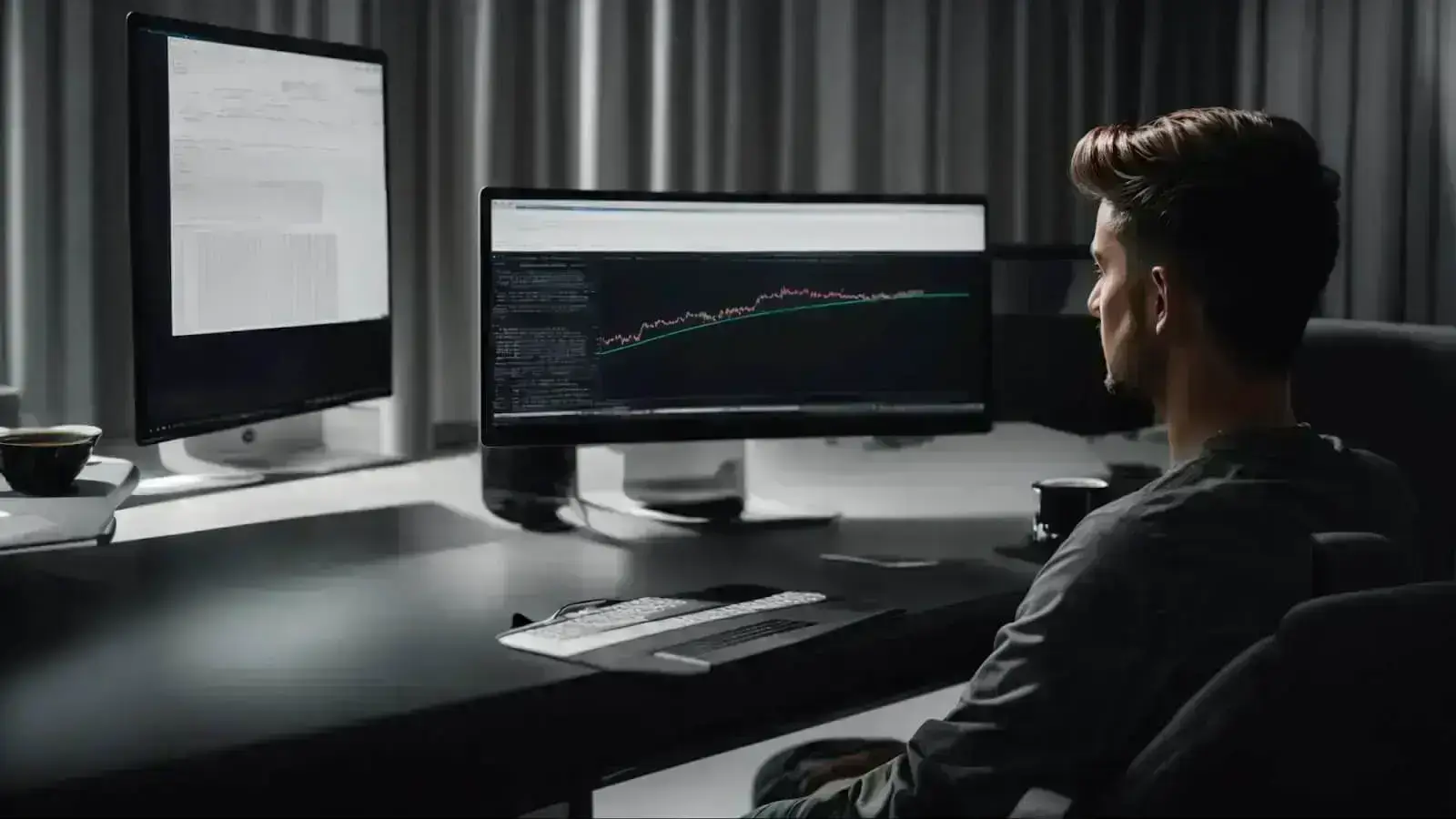 a user sitting at a desk with two computer screens, one displaying a sleek website template and the other showing lines of coding software.