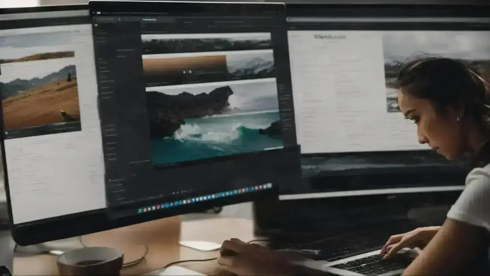 a person sitting at a computer with two browser tabs open, one displaying the webflow interface and the other showing the wordpress dashboard.