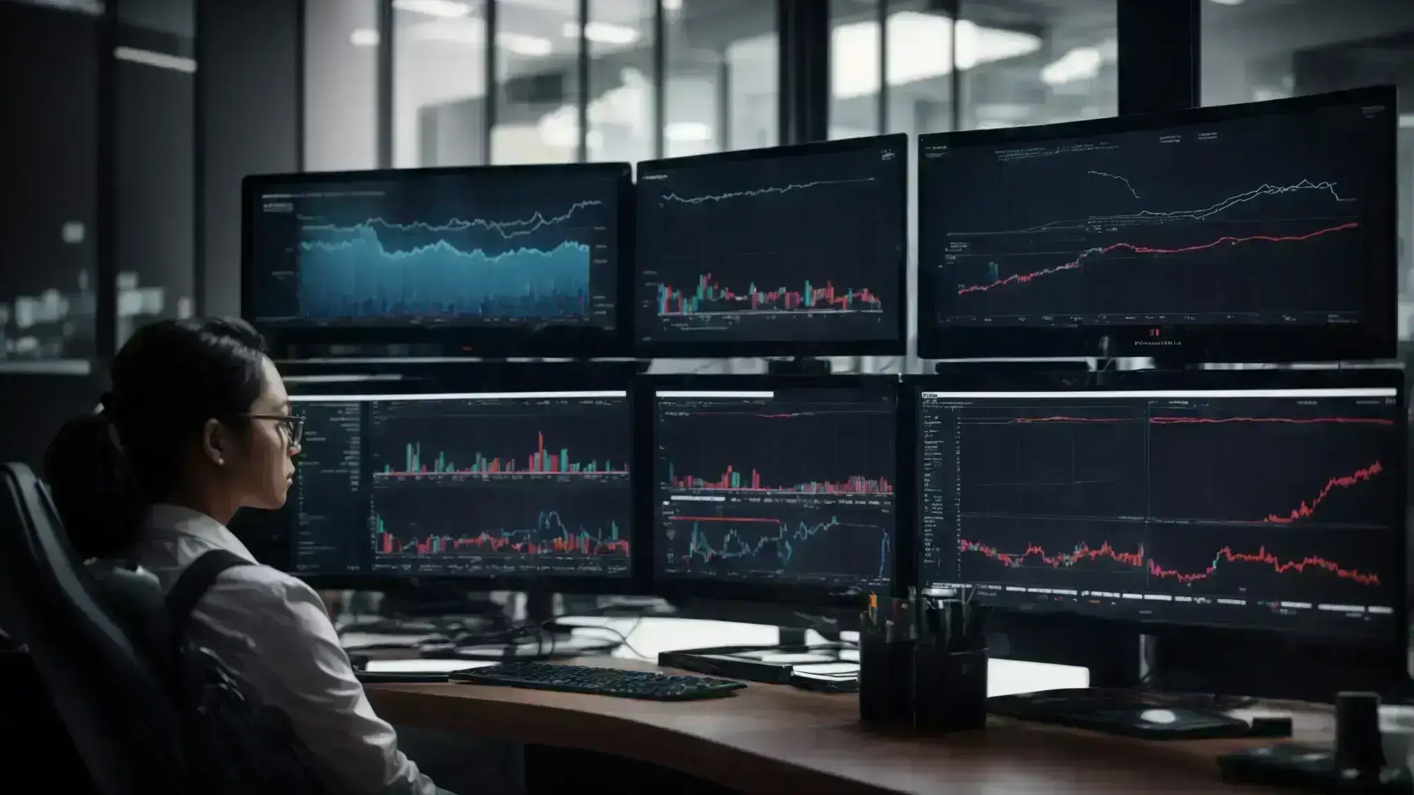 a person sitting in front of multiple computer screens displaying various charts and graphs, intently observing the data.