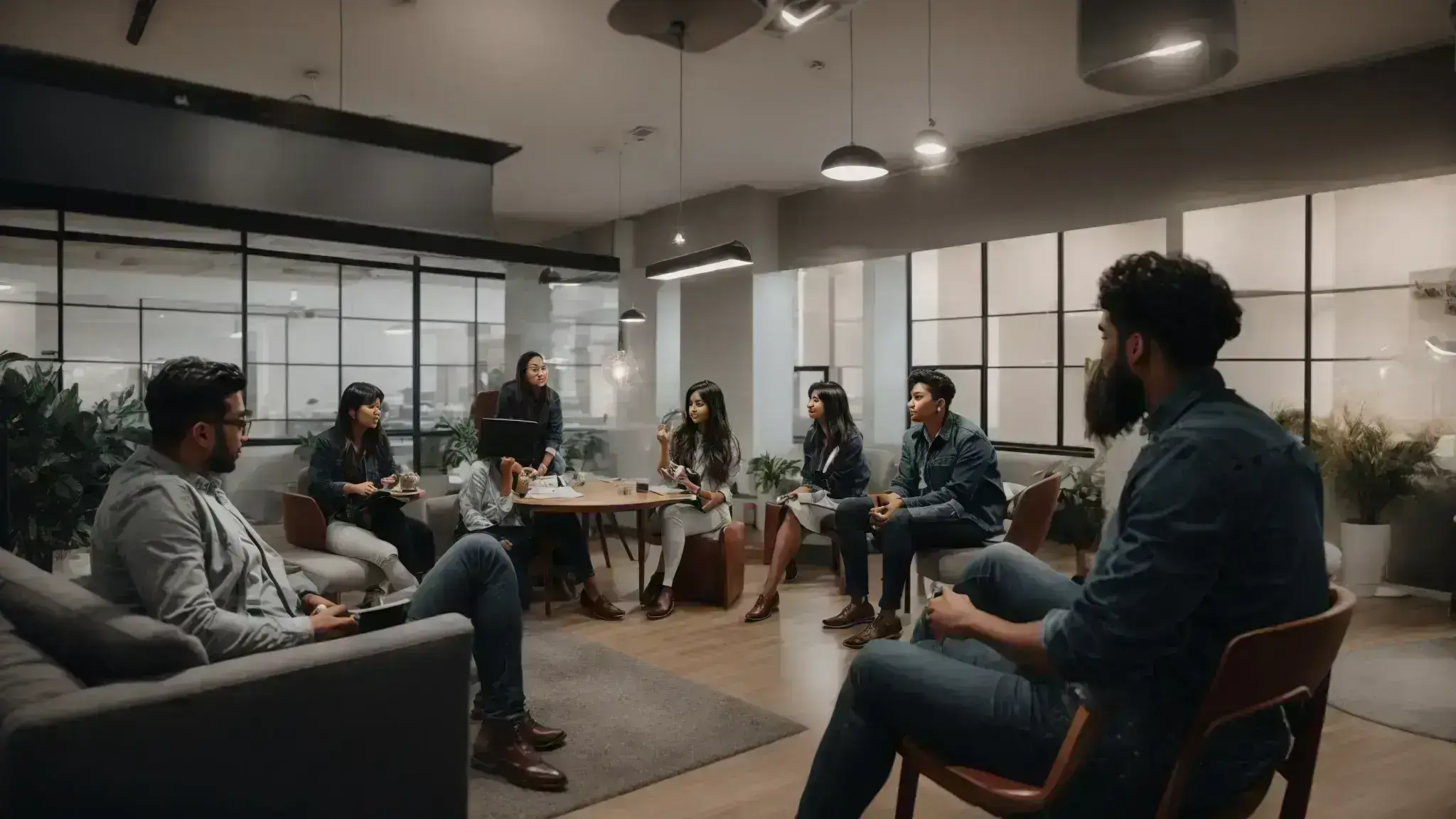 a creative brainstorming session around a modern digital marketing office with diverse team members collaborating.