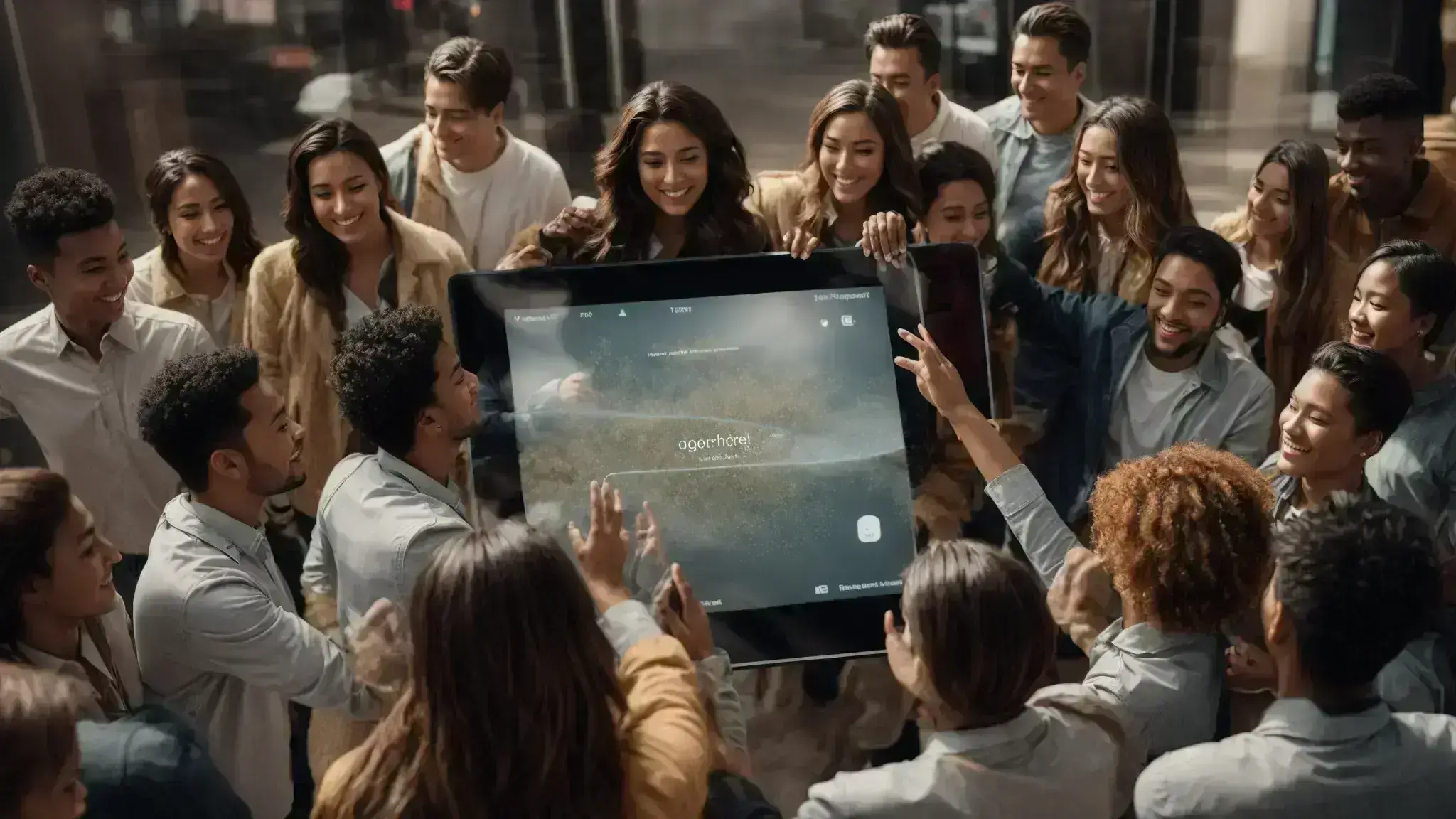 a group of excited individuals clustered around a large touchscreen display, actively engaging with an interactive digital campaign.