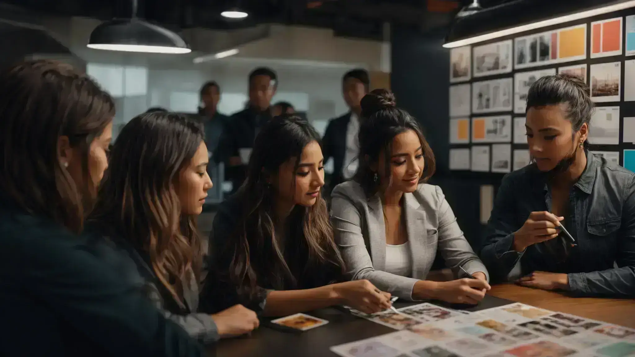 a marketing team reviews a vibrant storyboard filled with diverse, emotion-evoking images, planning their next captivating social media campaign.