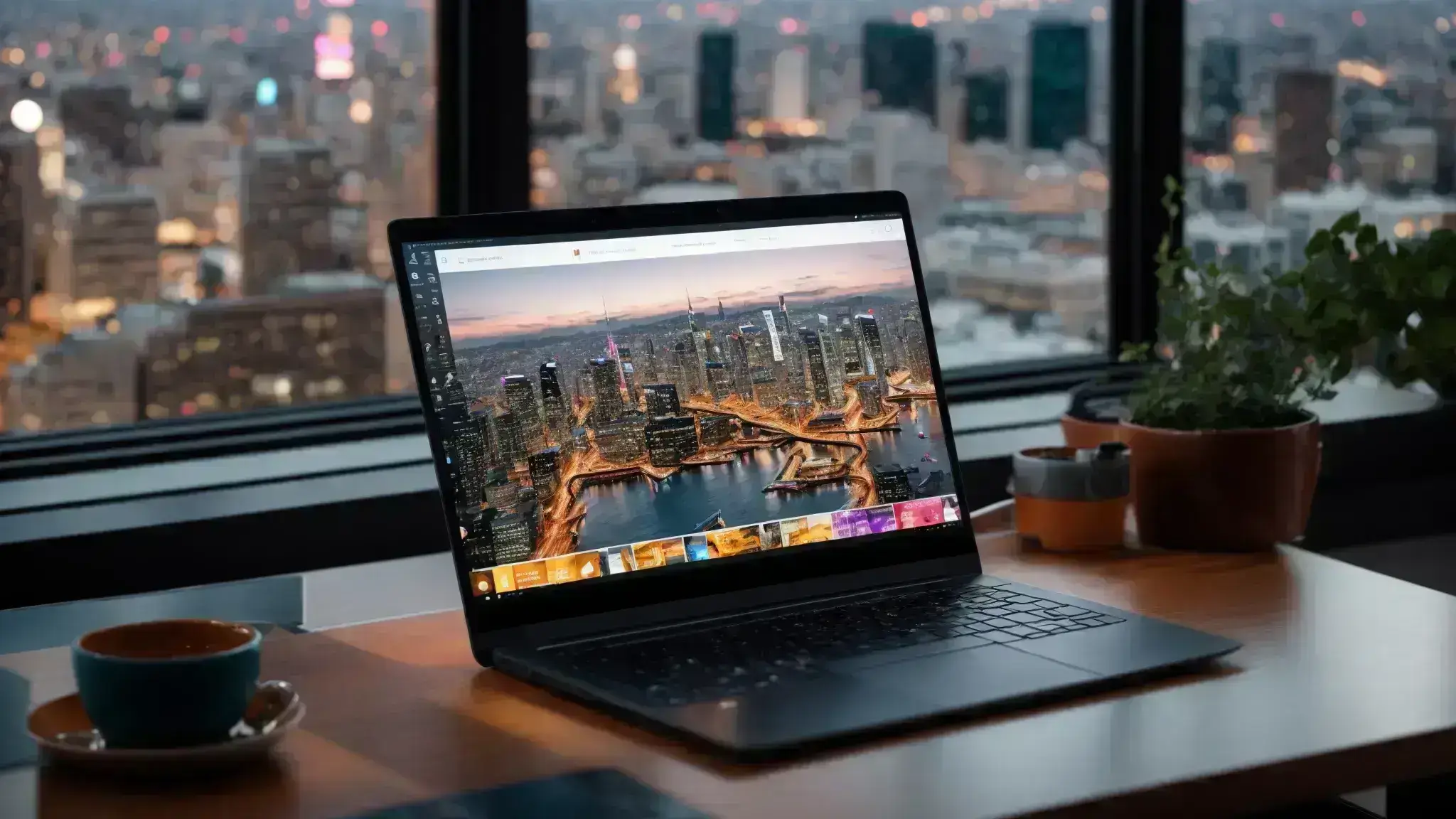 a sleek laptop displaying colorful graphs and social media interfaces on its screen, stationed on a minimalist desk against the backdrop of a vibrant cityscape seen through a panoramic window.