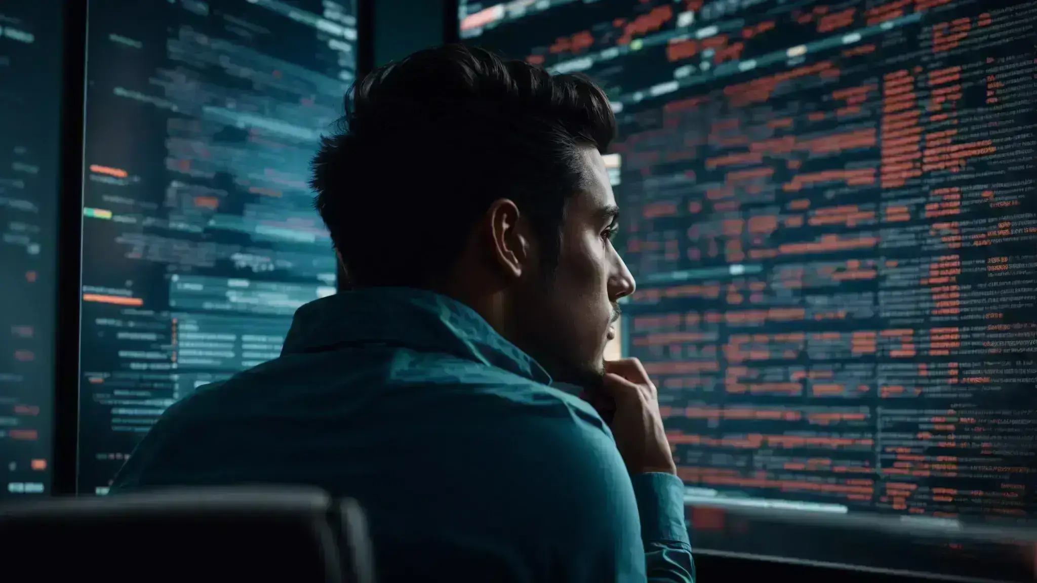 a person pensively looking at a large, vibrant social media analytics dashboard on a screen, highlighting trending hashtags.