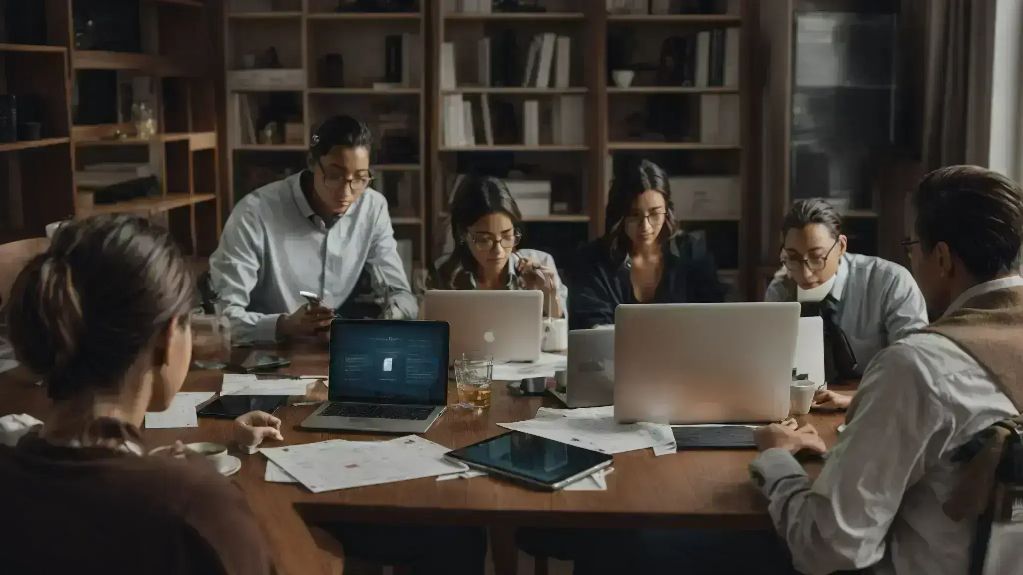 a team around a table with laptops and smartphones, mapping out a social media strategy.