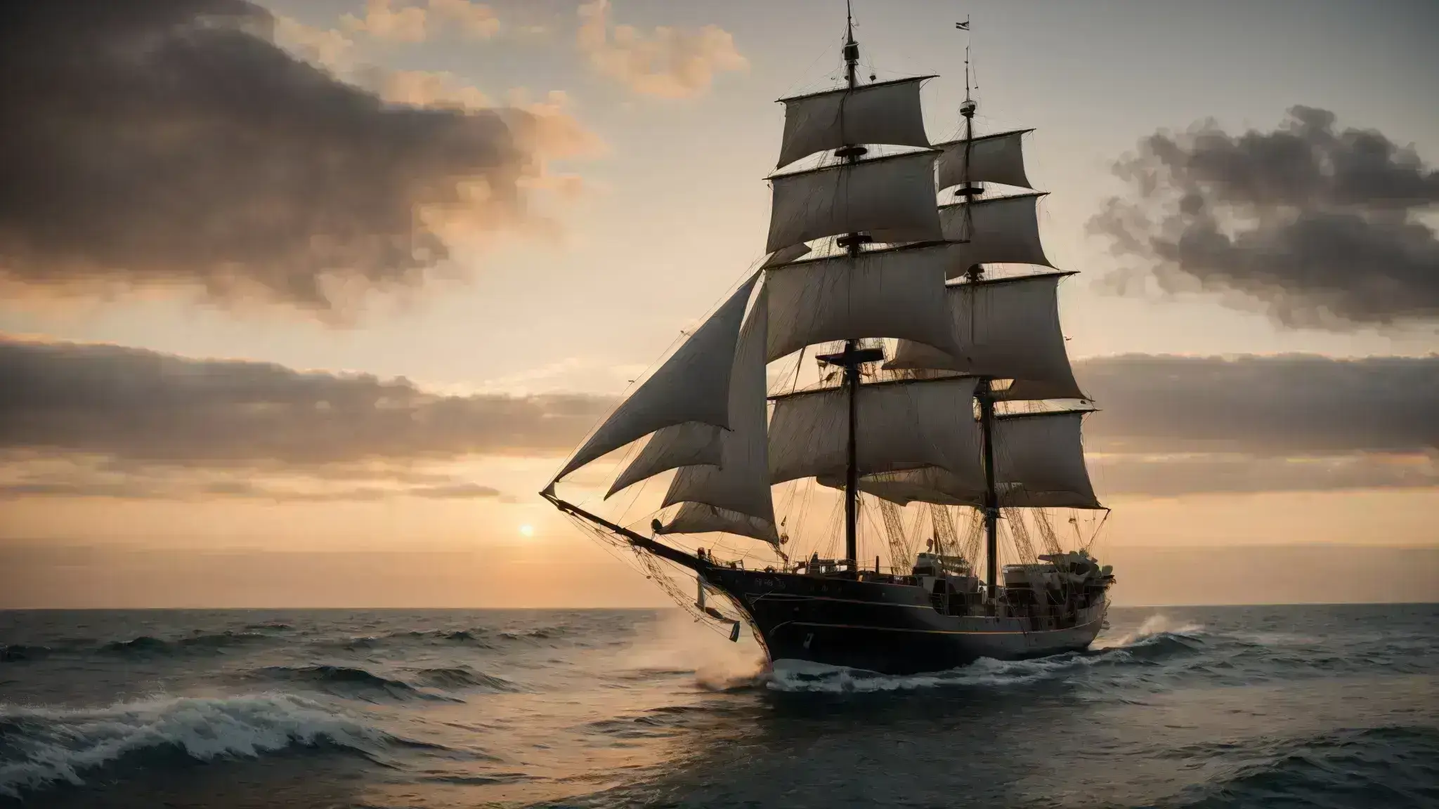 a vintage ship embarking on a voyage across a vast, calm sea at sunrise, symbolizing a strategic seo campaign journey.
