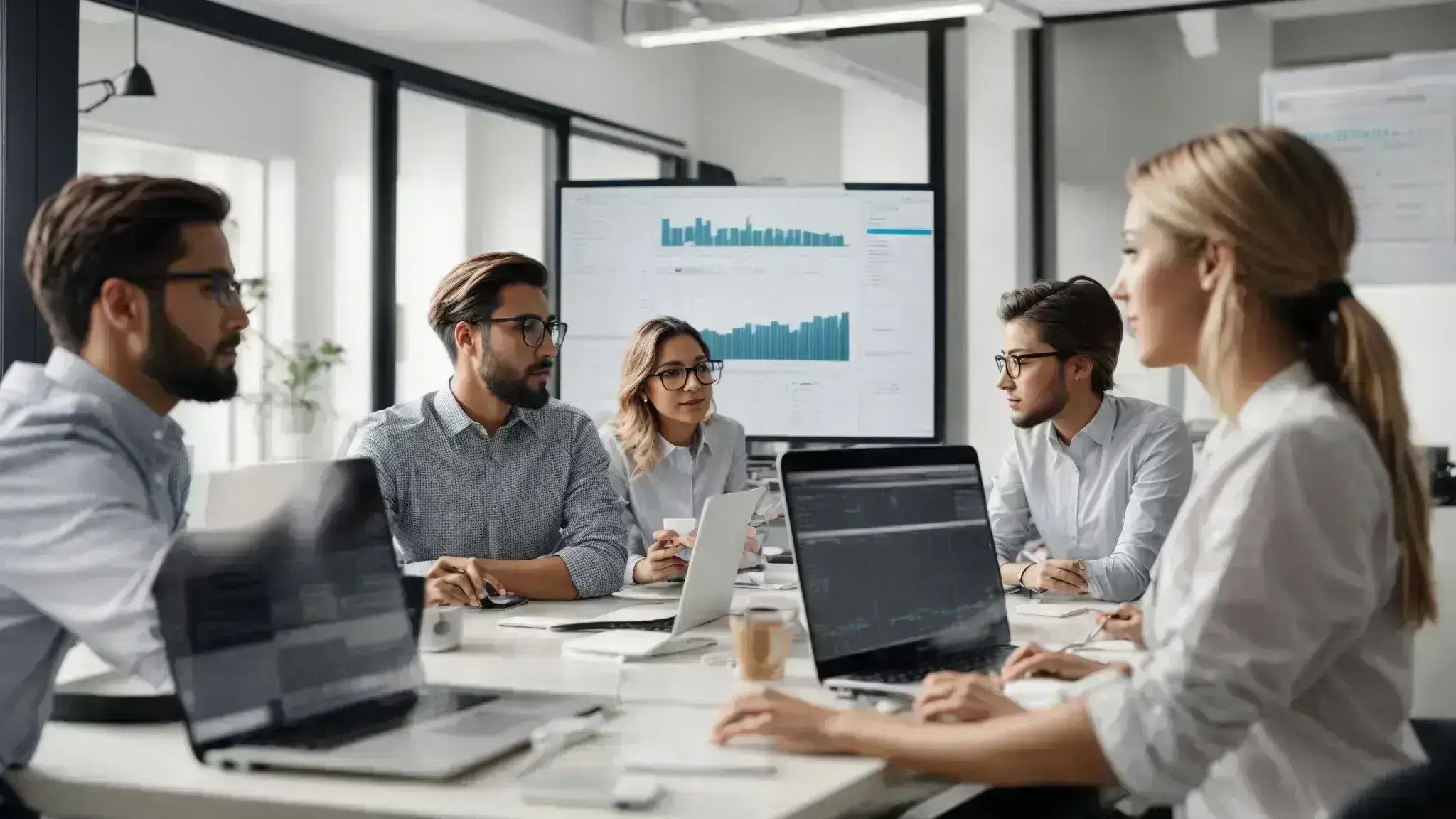 a marketing team in a bright office analyzes live data dashboards on a large screen, strategically planning their next seo campaign.