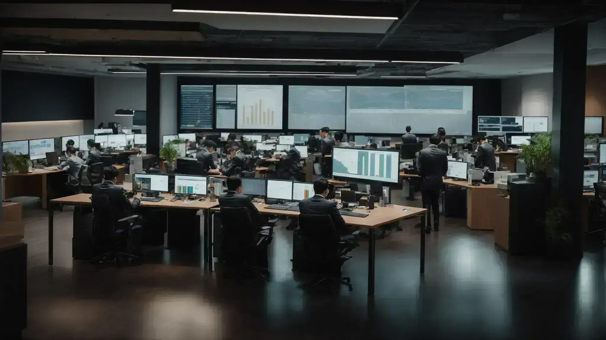 a bustling corporate office where marketing professionals strategize around a large screen displaying website analytics.