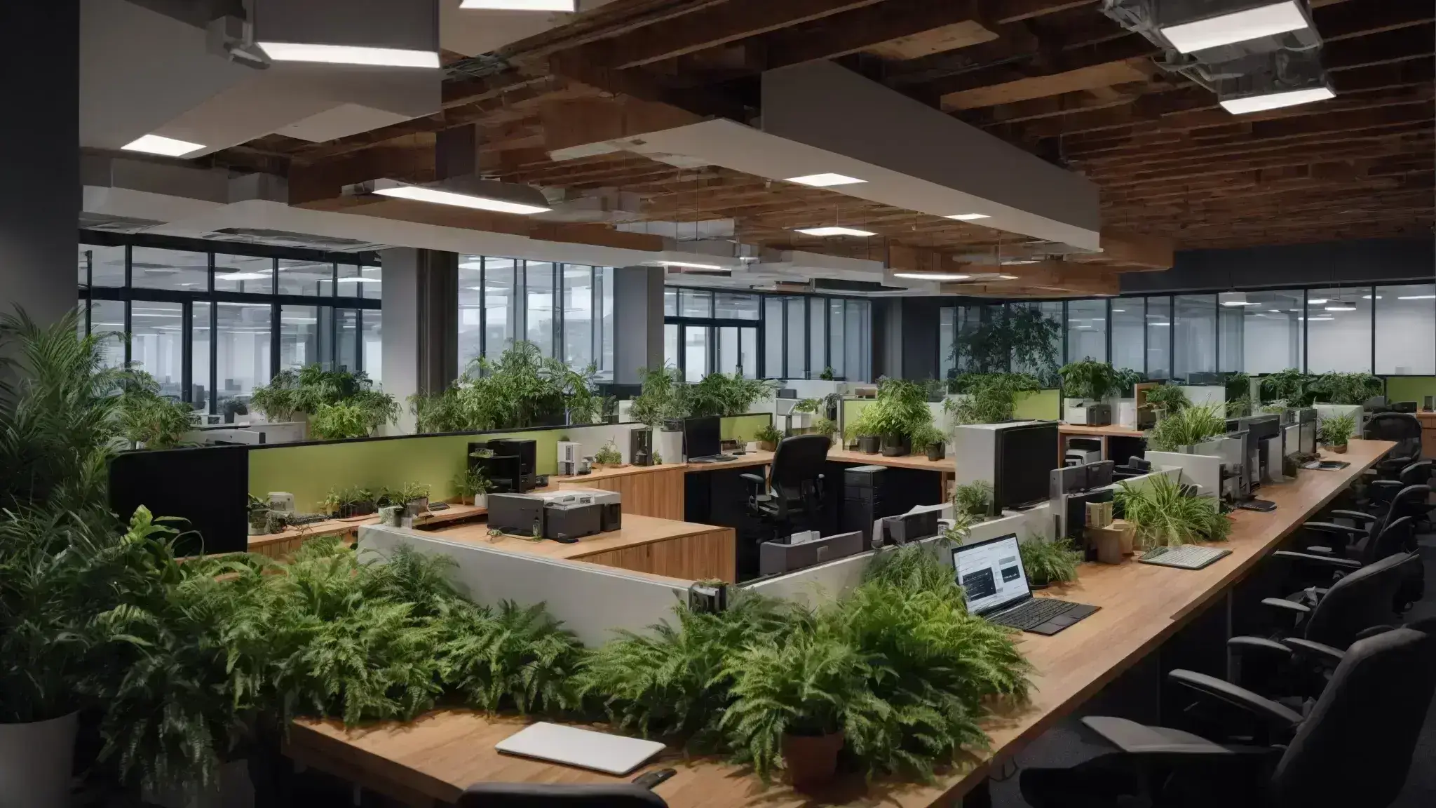 a panoramic view of a modern, eco-friendly office space designed for a digital marketing team working on computers with plants integrated for a sustainable environment.