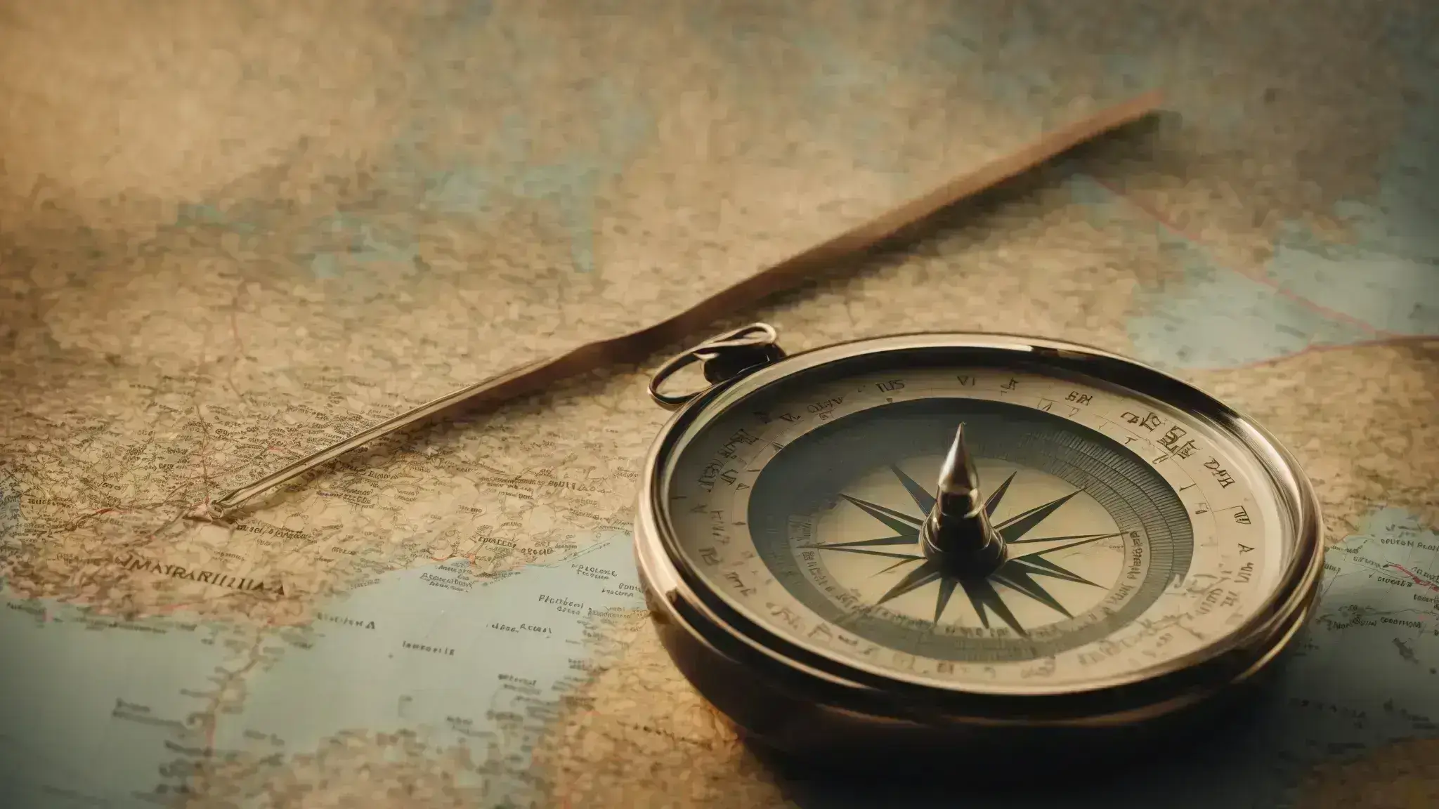 a compass on a map highlighting a strategic route among various terrains.
