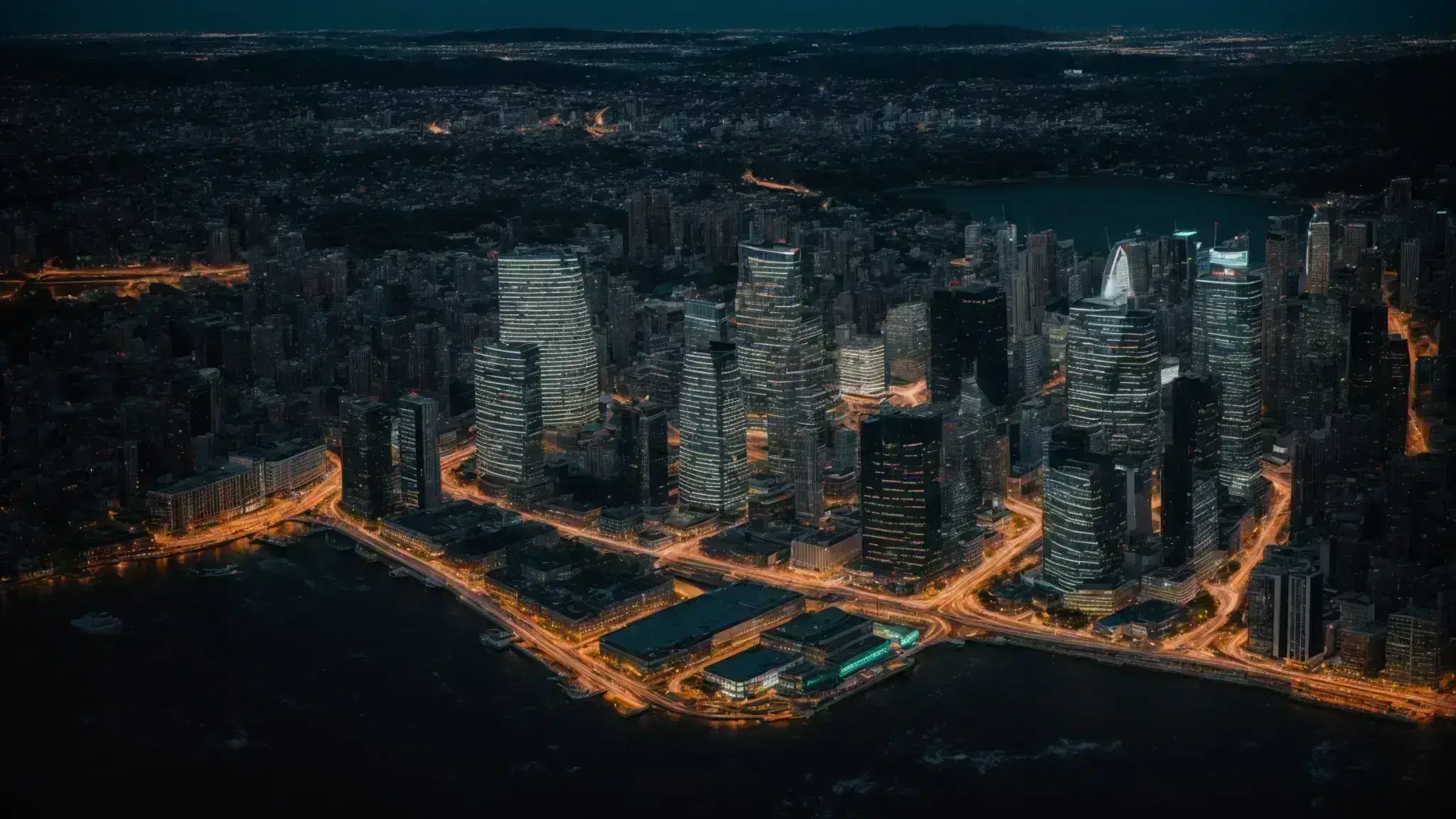 a panoramic view of an illuminated cityscape at night, symbolizing the bustling arena of seo competition.