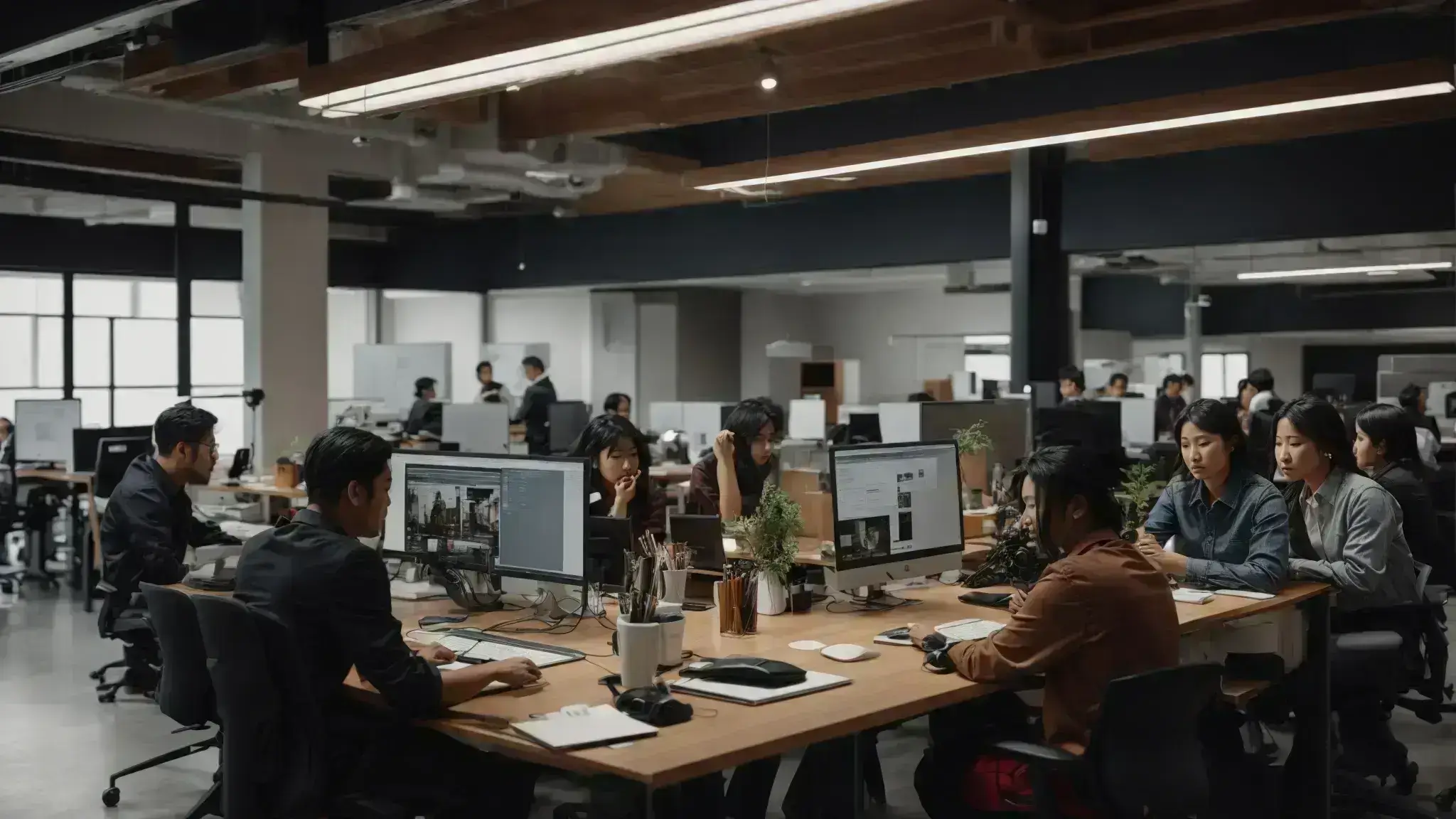 a bustling office with diverse teams collaborating on dynamic digital projects.