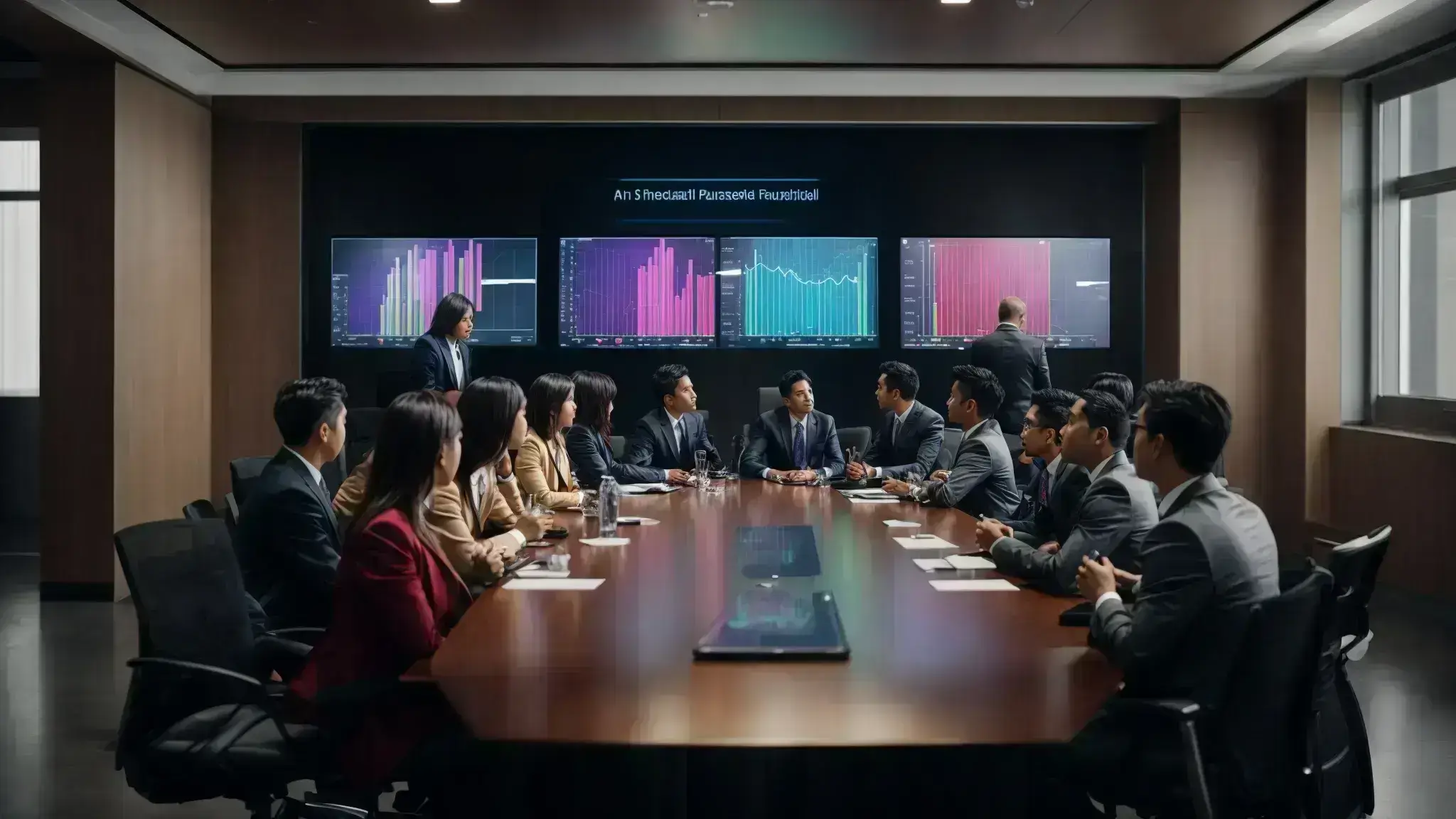 a group of professionals gathered around a conference table, with multiple digital screens displaying colorful analytics and marketing data.