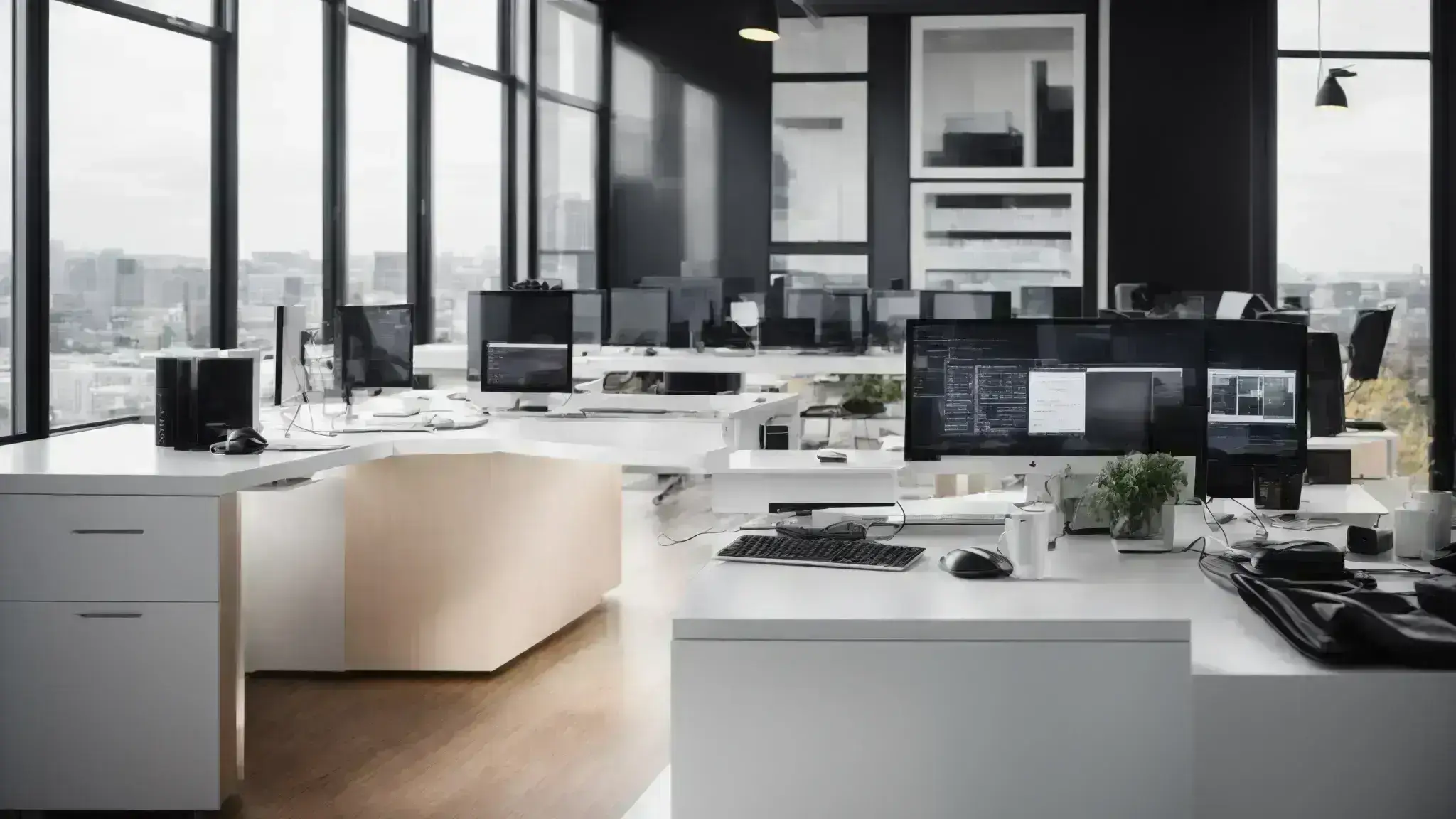 a sleek, modern office with a row of monitors displaying cutting-edge website designs.