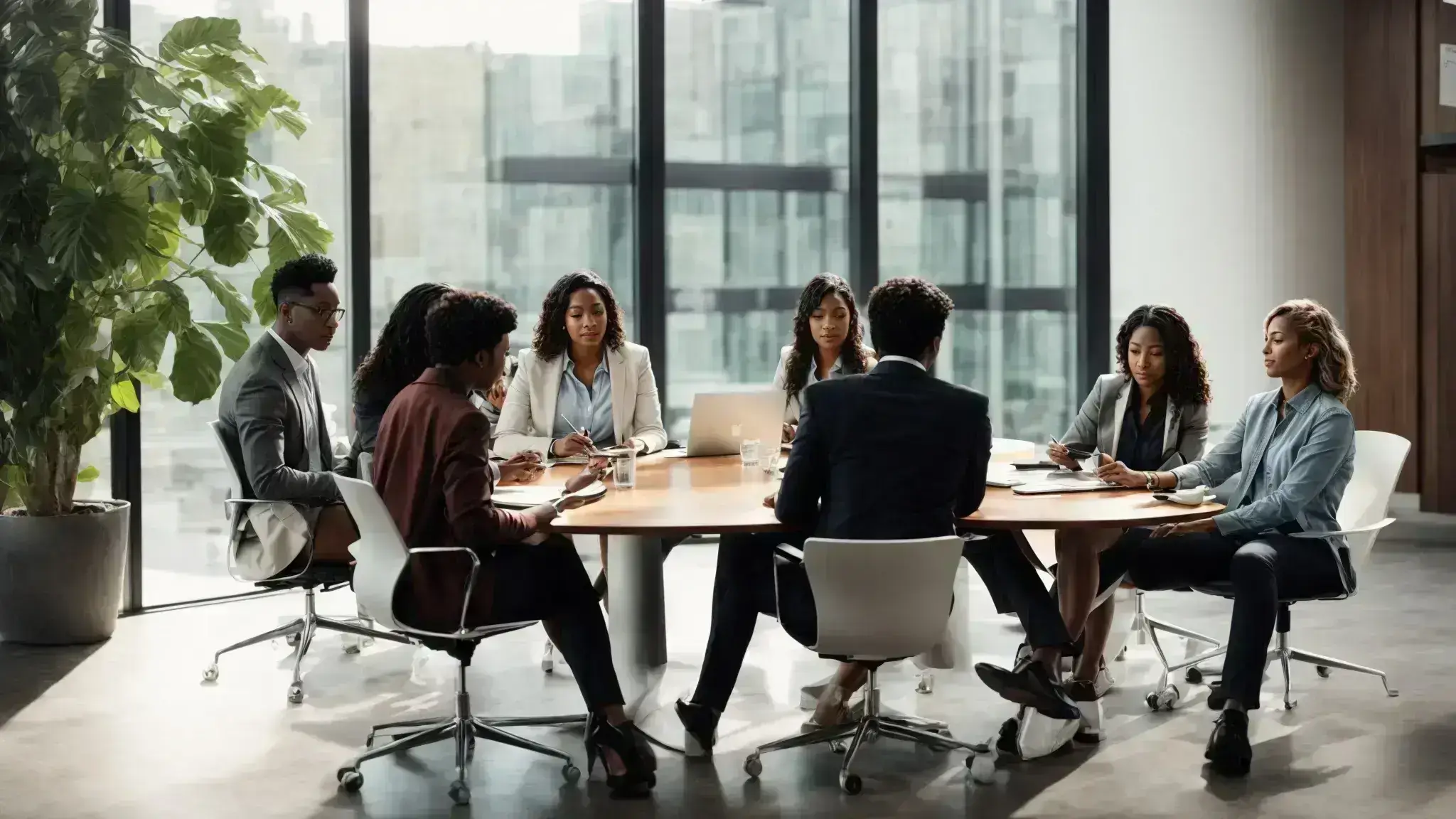 a diverse group of marketing professionals collaborates around a modern conference table equipped with digital devices, actively engaging in strategy discussion.