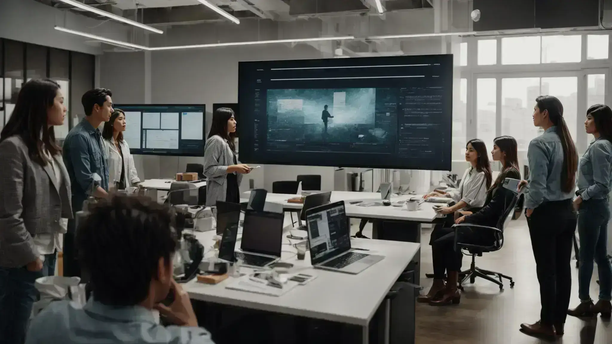 a team of professionals gathers around a modern workspace, brainstorming over a digital content strategy displayed on a large, interactive screen.