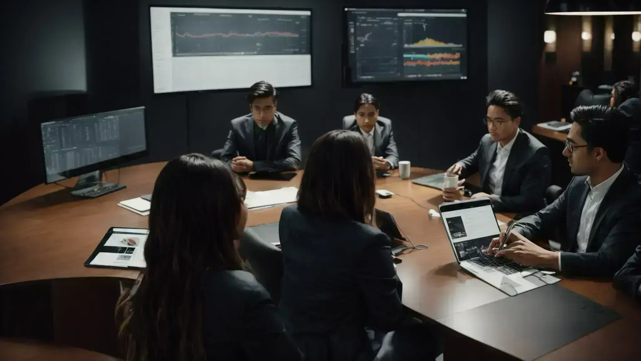 a team of professionals gathered around a conference table, intently discussing strategies over open laptops displaying graphs and analytic data. 