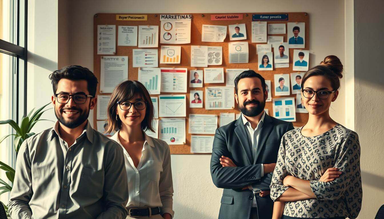 Hyper-detailed buyer personas in a meticulously designed office environment. Foreground features four distinct character archetypes - a young startup founder, a middle-aged marketing executive, a seasoned sales leader, and a tech-savvy millennial - each with distinct facial features, expressions, and body language. Middle ground showcases an array of notes, graphs, and user profiles pinned to a cork board, conveying the depth of the persona research. Warm, directional lighting casts dramatic shadows, creating a contemplative, strategic atmosphere. Camera angle is a slightly elevated perspective, evoking a sense of insight and oversight. Color palette is a muted, professional tone punctuated by pops of brand-relevant hues. Overall, a sophisticated, data-driven illustration of the culmination of in-depth buyer persona development.