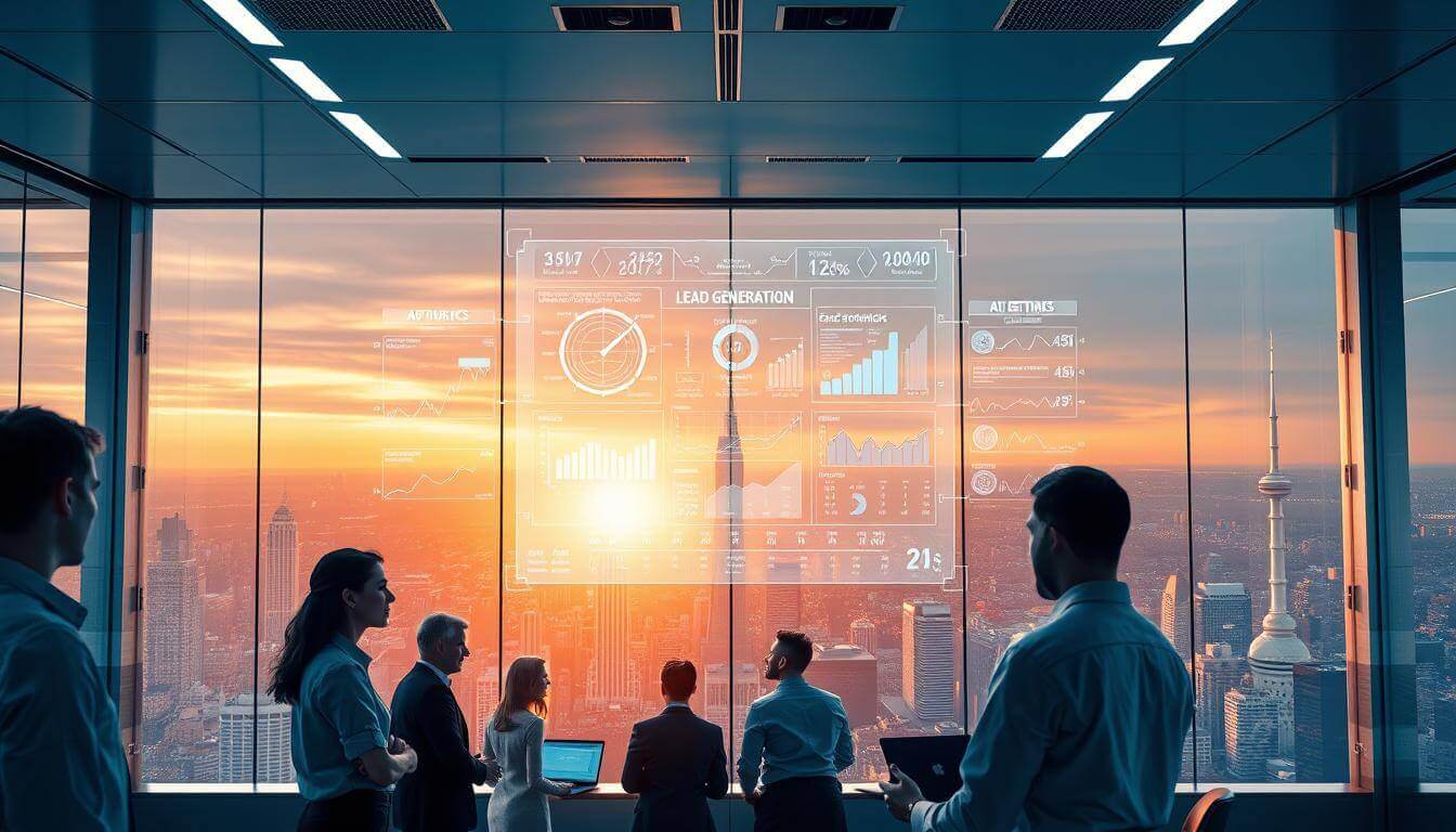 A sleek, futuristic office space with a large holographic display at the center, showcasing an AI-powered lead generation process. In the foreground, a team of data analysts and sales professionals collaborates, their faces lit by the soft glow of the display. The middle ground features a complex data visualization, with dynamic graphs and charts tracking lead generation metrics in real-time. The background is a panoramic view of a bustling city skyline, illuminated by the golden light of a sunset. The overall atmosphere is one of efficiency, innovation, and a sense of forward momentum, capturing the essence of an AI-powered lead generation solution.