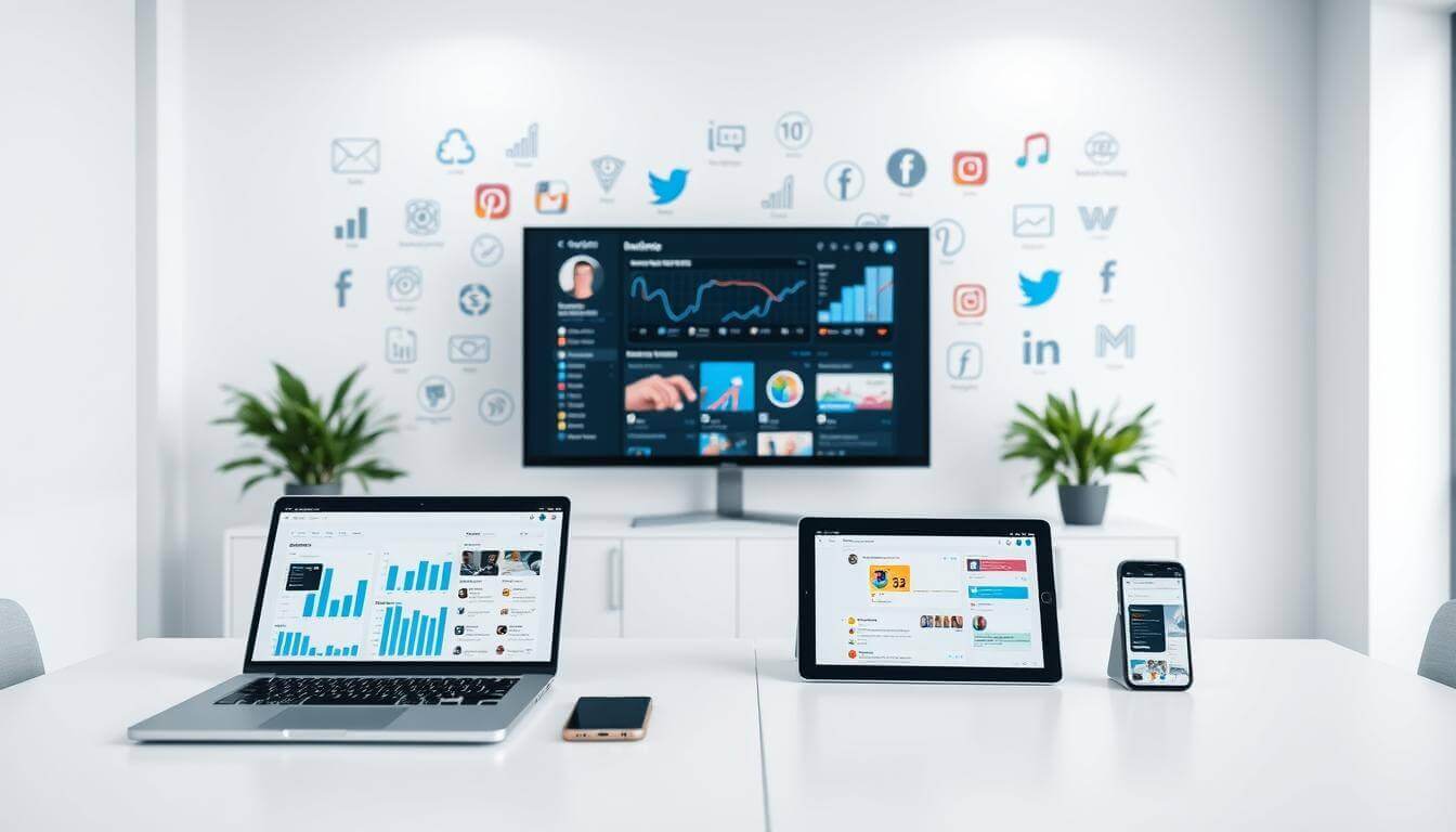 A clean and modern office interior with an array of digital devices and interfaces representing social media management tools. In the foreground, a laptop, tablet, and smartphone are arranged on a minimalist white desk, their screens displaying analytics dashboards, scheduling calendars, and content creation interfaces. The middle ground features a sleek monitor displaying a social media dashboard with metrics and engagement data. In the background, a large whiteboard or digital display shows various social media platform logos, icons, and productivity frameworks. The lighting is soft and diffused, creating a professional and focused atmosphere. The camera angle is elevated, creating a bird's-eye view of the workspace, emphasizing the interconnected nature of these social media management tools.