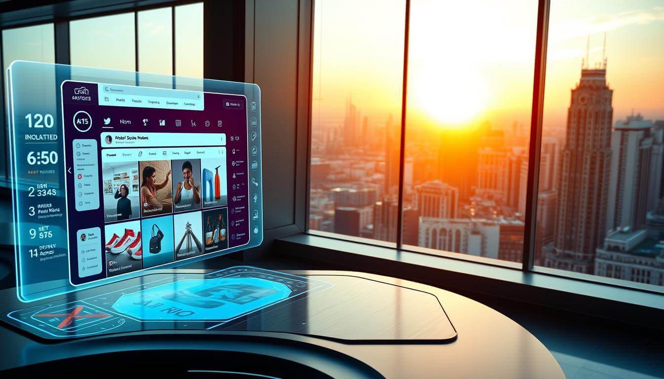 A sleek, futuristic interface displaying personalized social media content recommendations. In the foreground, a holographic display projects a user's feed, with dynamic tiles showcasing relevant posts, articles, and product suggestions. The middle ground features a elegant, minimalist control panel with intuitive touch gestures and AI-powered analytics. In the background, a panoramic window overlooks a vibrant cityscape, bathed in the warm glow of a setting sun. The scene conveys a sense of seamless integration between technology and human experience, highlighting how AI-driven social media optimization can enhance engagement and discovery.