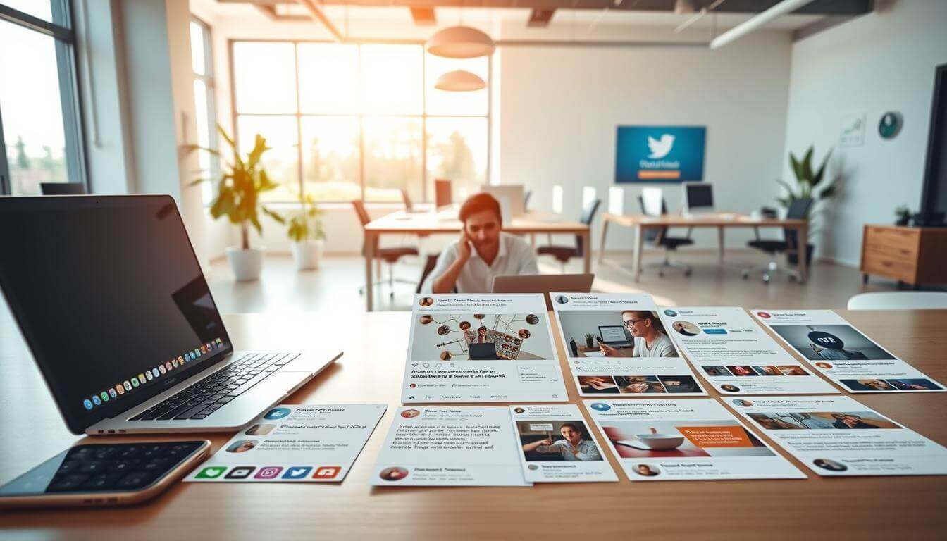 A bright, modern office scene with a desk showcasing a laptop, smartphone, and various social media app icons. The foreground features an array of AI-generated social media posts, with visually engaging graphics, thoughtful captions, and diverse content types - photos, videos, polls, and infographics. The middle ground shows a person collaborating with the AI system, fine-tuning the generated posts. The background depicts a minimalist, airy workspace with large windows, sleek furniture, and subtle branding elements. The lighting is natural, with a warm, productive atmosphere. Captured with a wide-angle lens to convey a sense of scale and professionalism.